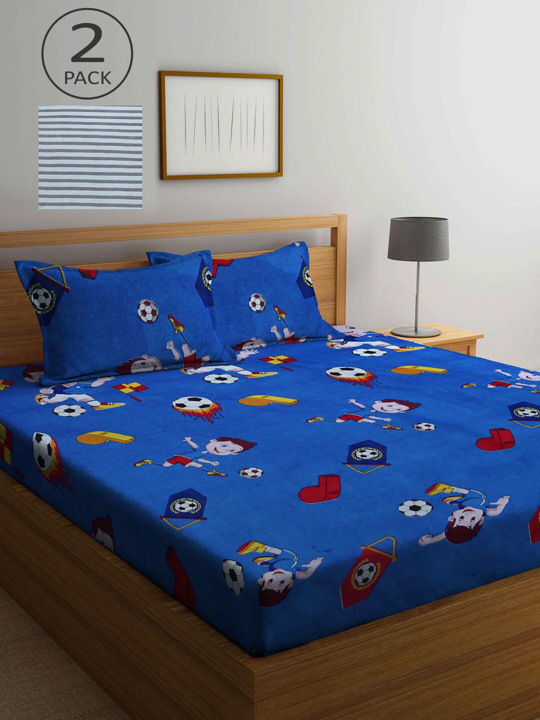 

KLOTTHE Set Of 2 Blue & Grey Cartoon Characters 210 TC King Bedsheet with 4 Pillow Covers