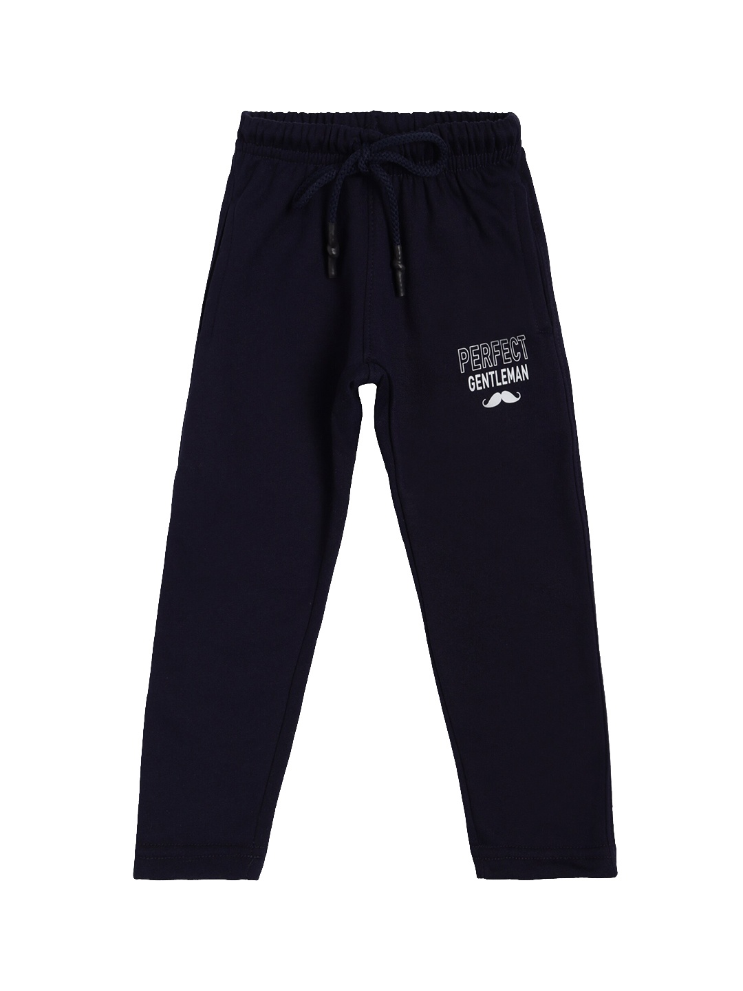 

DYCA Boys Navy Blue Solid Knitted Pure Cotton Track Pants with Typography Print Detail