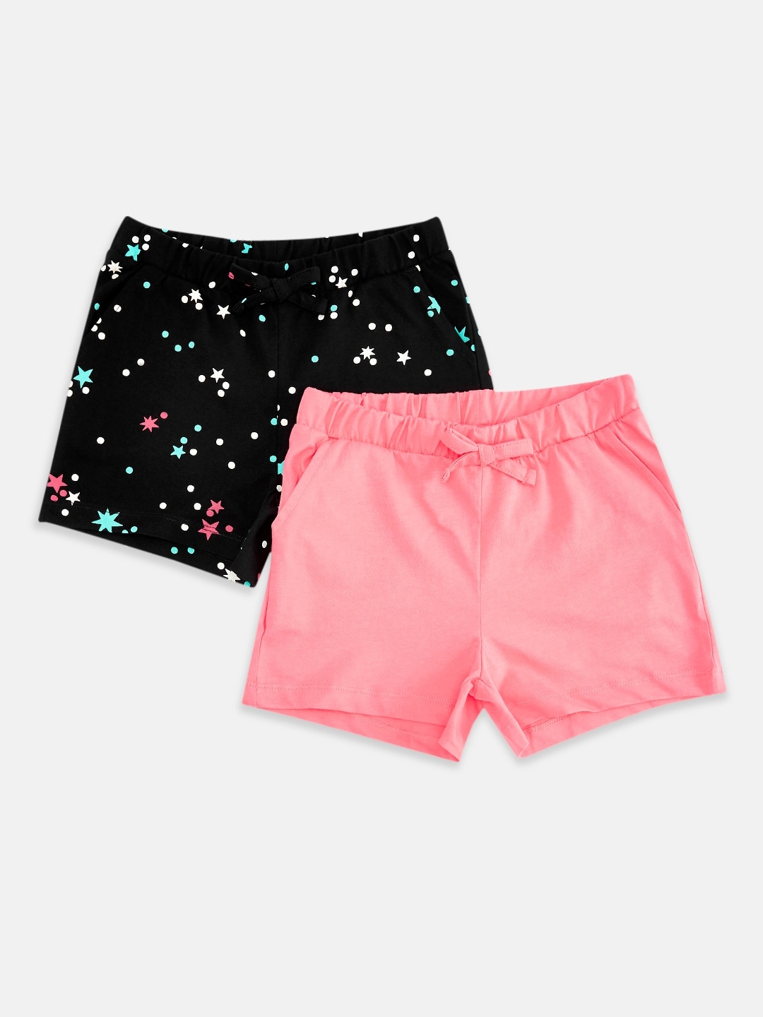 Pantaloons Junior Girls Black & Pink Set Of 2 Printed Pure Cotton Shorts