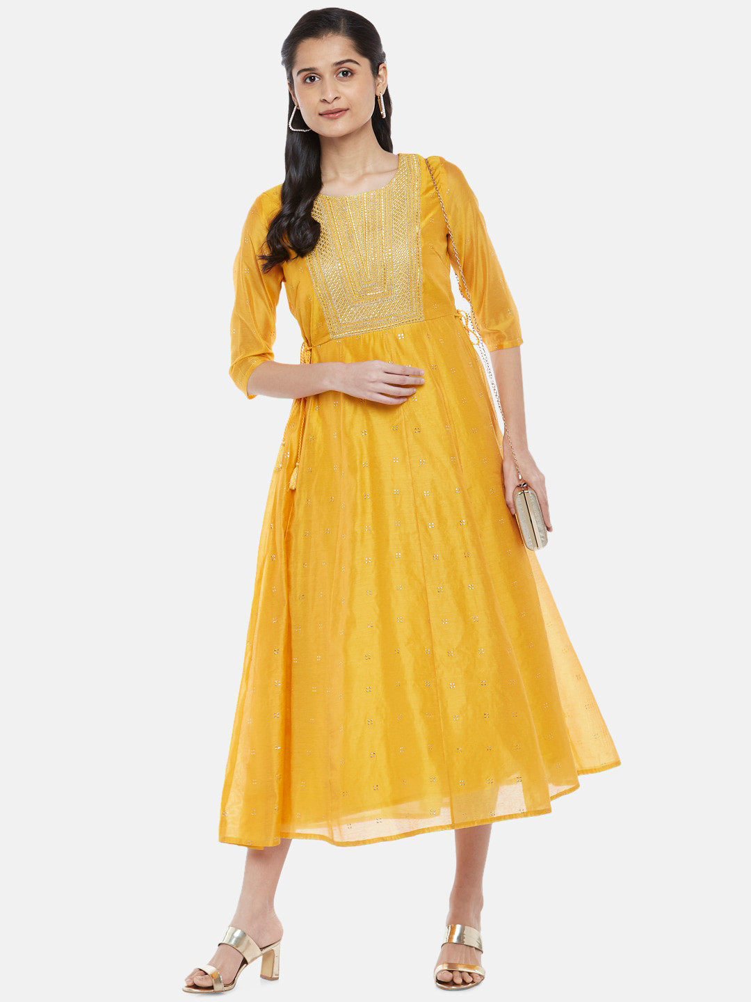 

RANGMANCH BY PANTALOONS Yellow & Gold-Toned Embellished Chanderi Silk Midi Dress