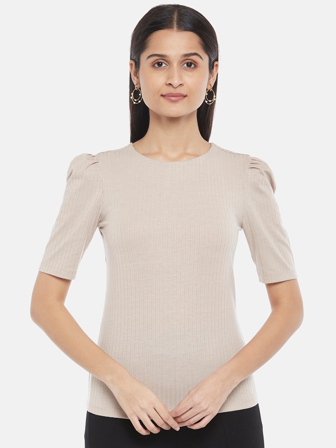 

Annabelle by Pantaloons Beige Ribbed Puff Sleeve Top