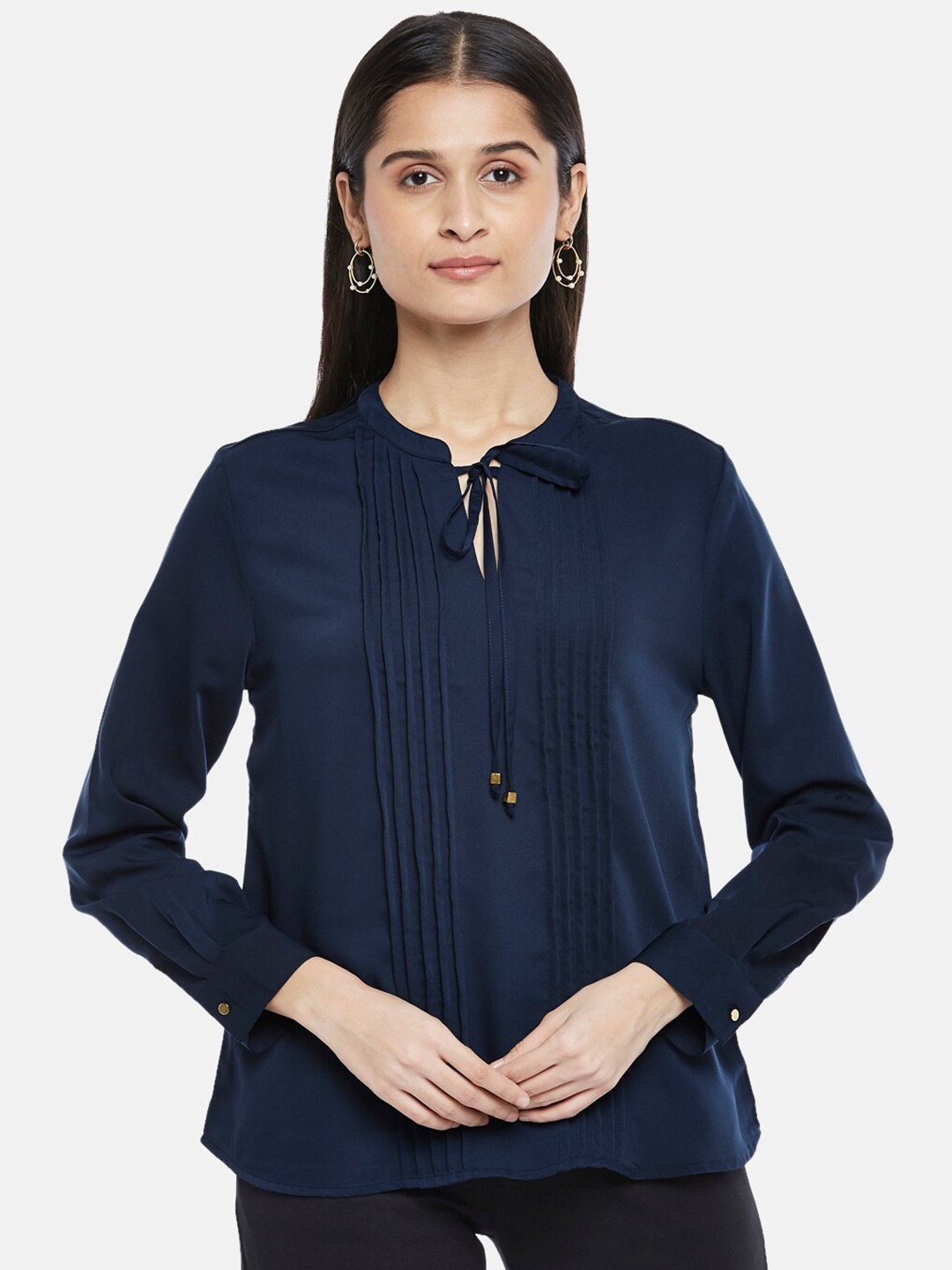 

Annabelle by Pantaloons Navy Blue Tie-Up Neck Shirt Style Top