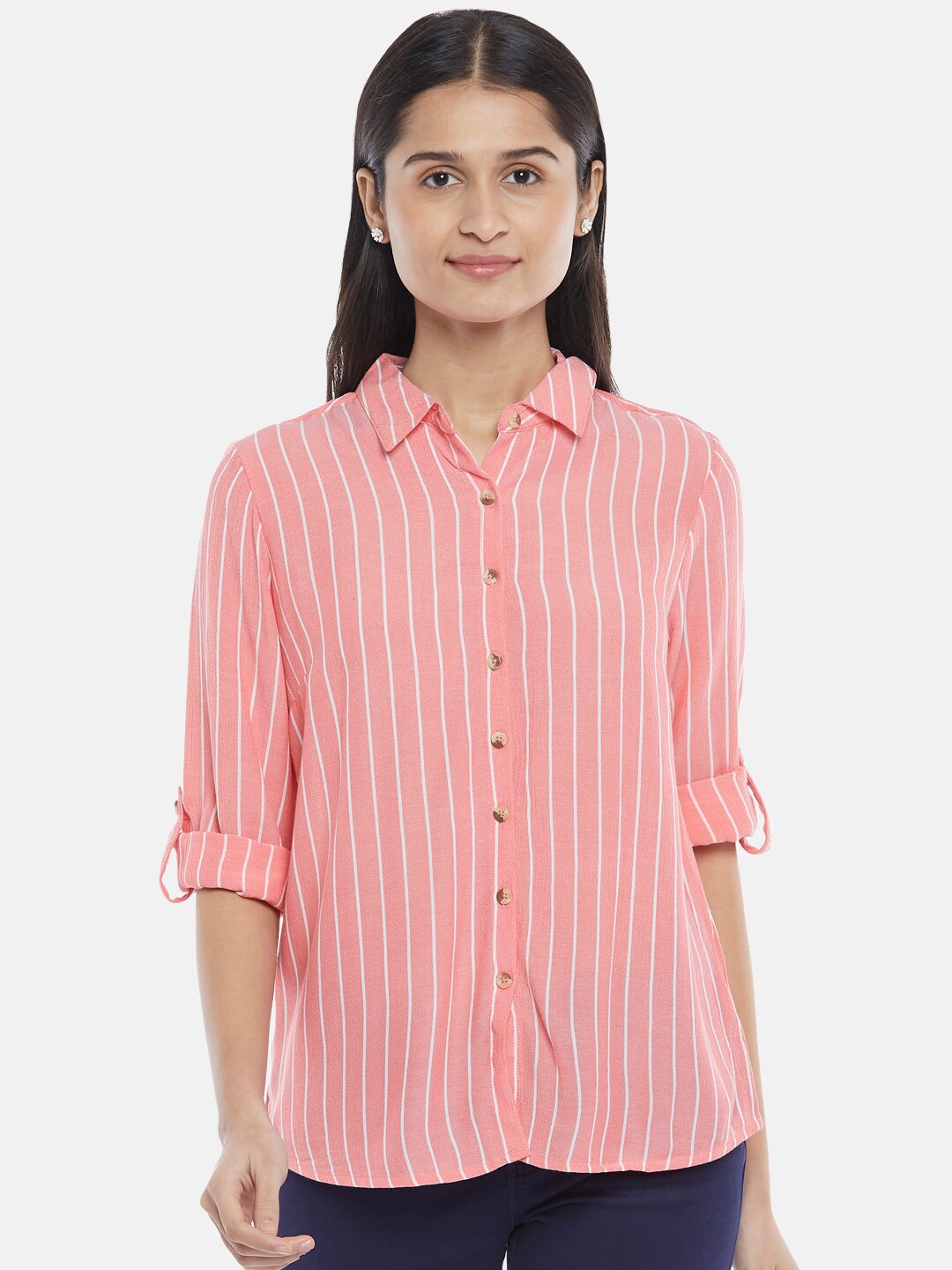 

Honey by Pantaloons Peach-Coloured & White Striped Roll-Up Sleeves Shirt Style Top