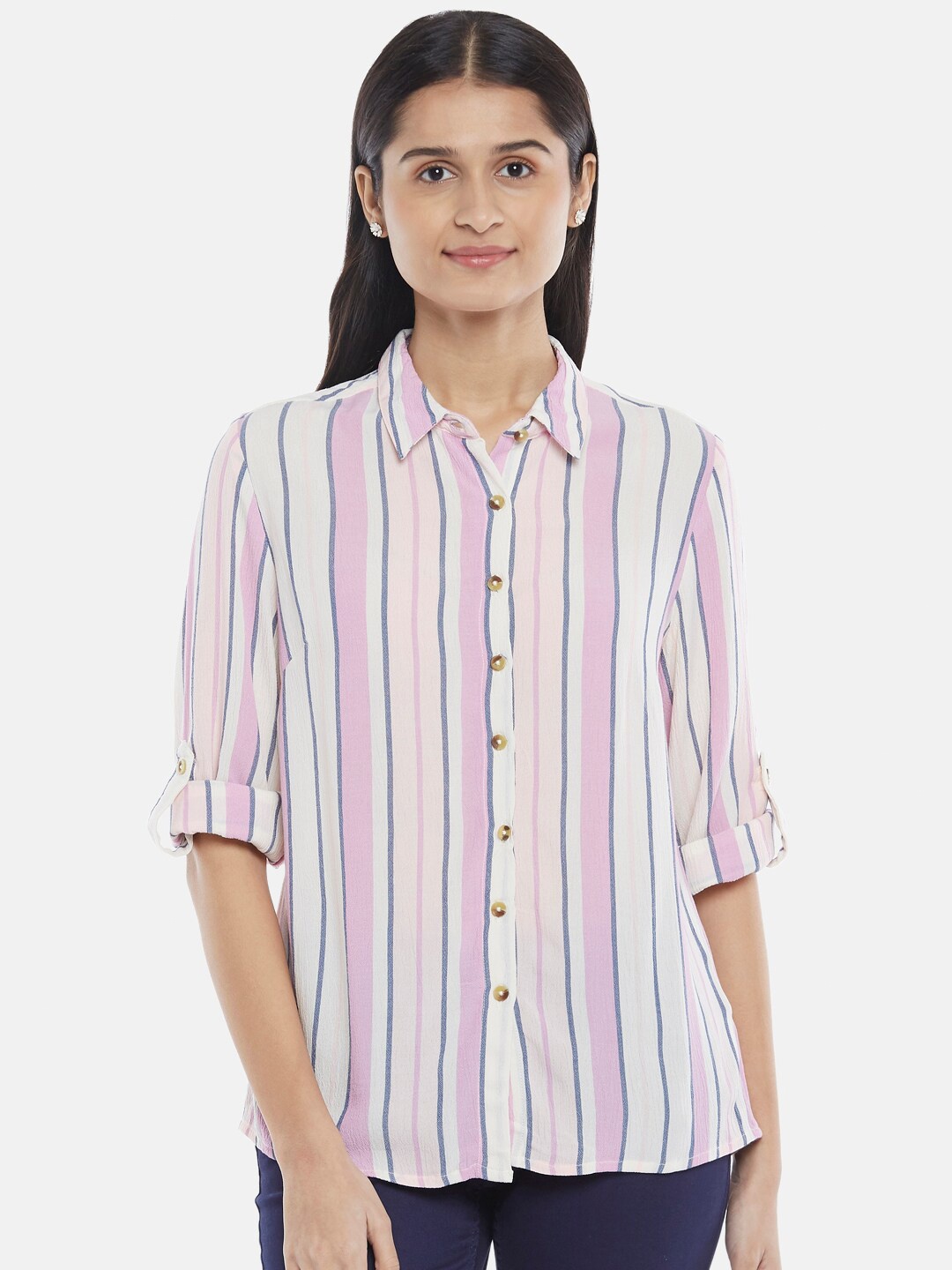 

Honey by Pantaloons Women Purple & Pink Striped Roll-Up Sleeves Shirt Style Top