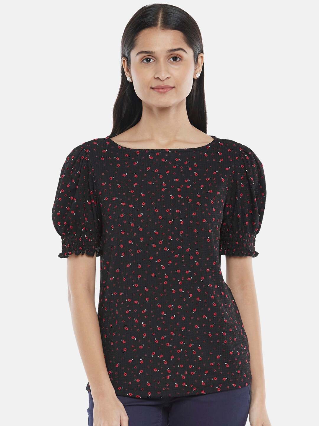 

Honey by Pantaloons Black Micro Ditsy Printed Puff Sleeve Top