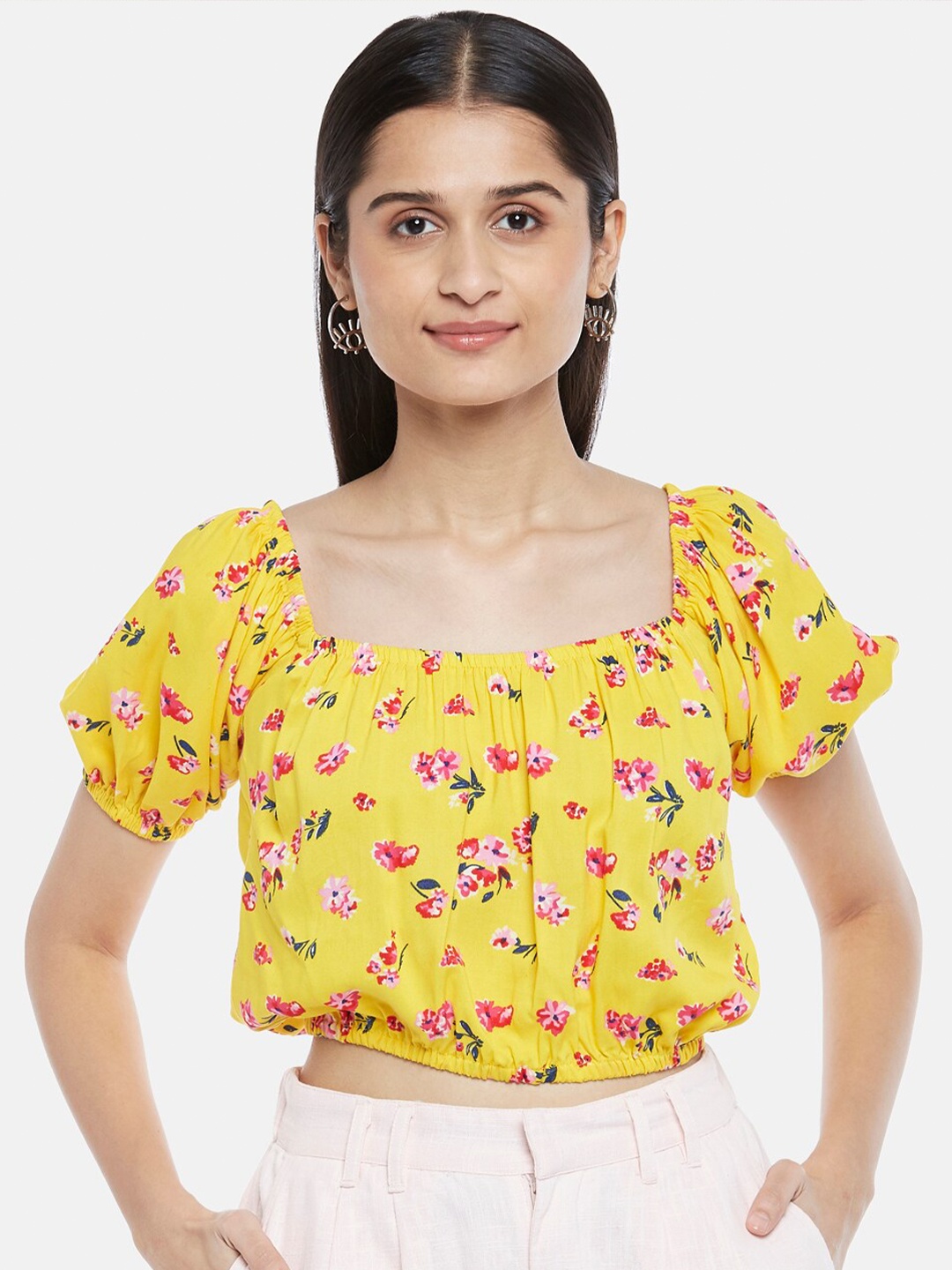 

People Yellow Floral Print Liva Blouson Top