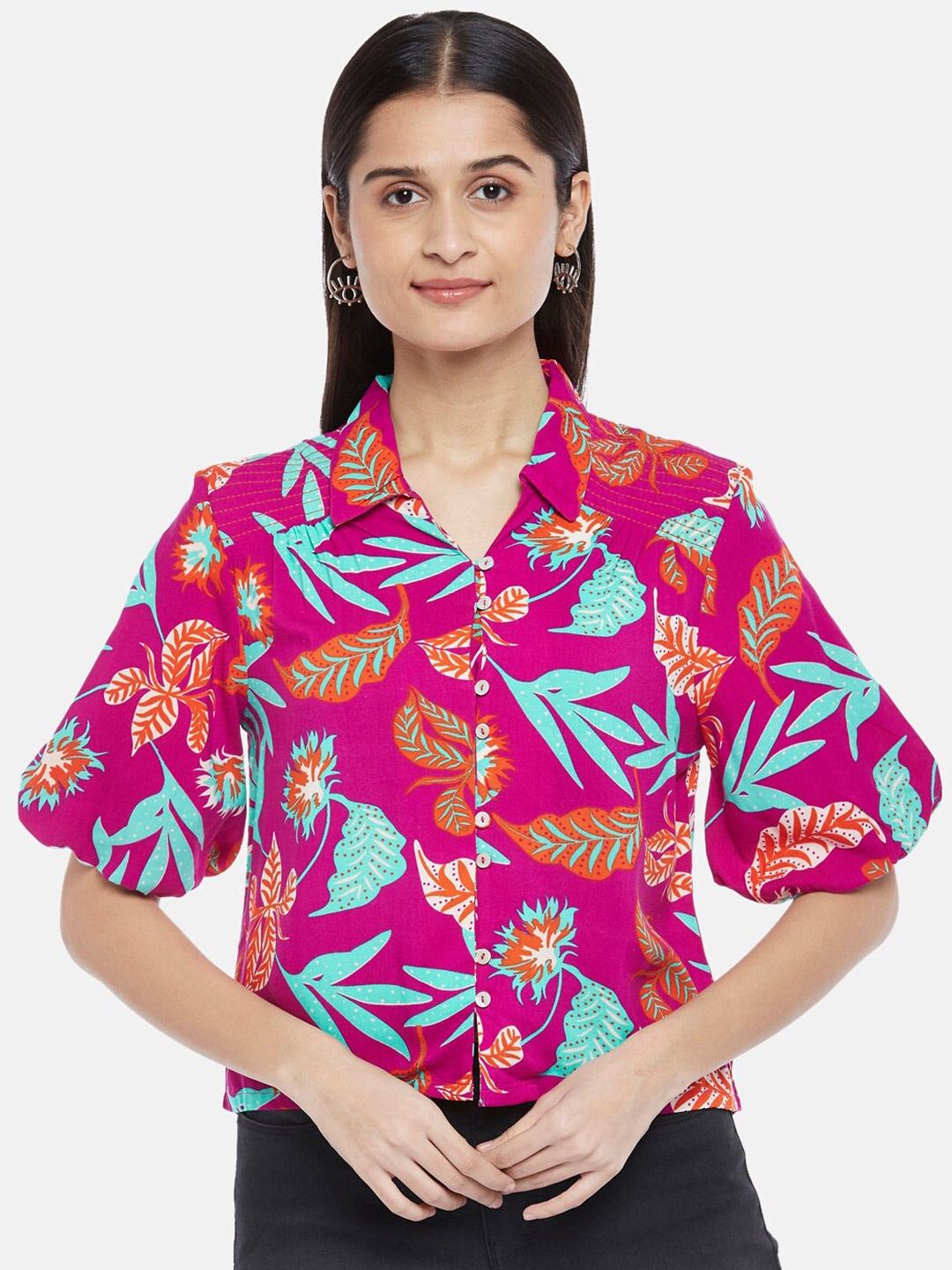 

People Women Purple Floral Printed Liva Shirt Style Crop Top