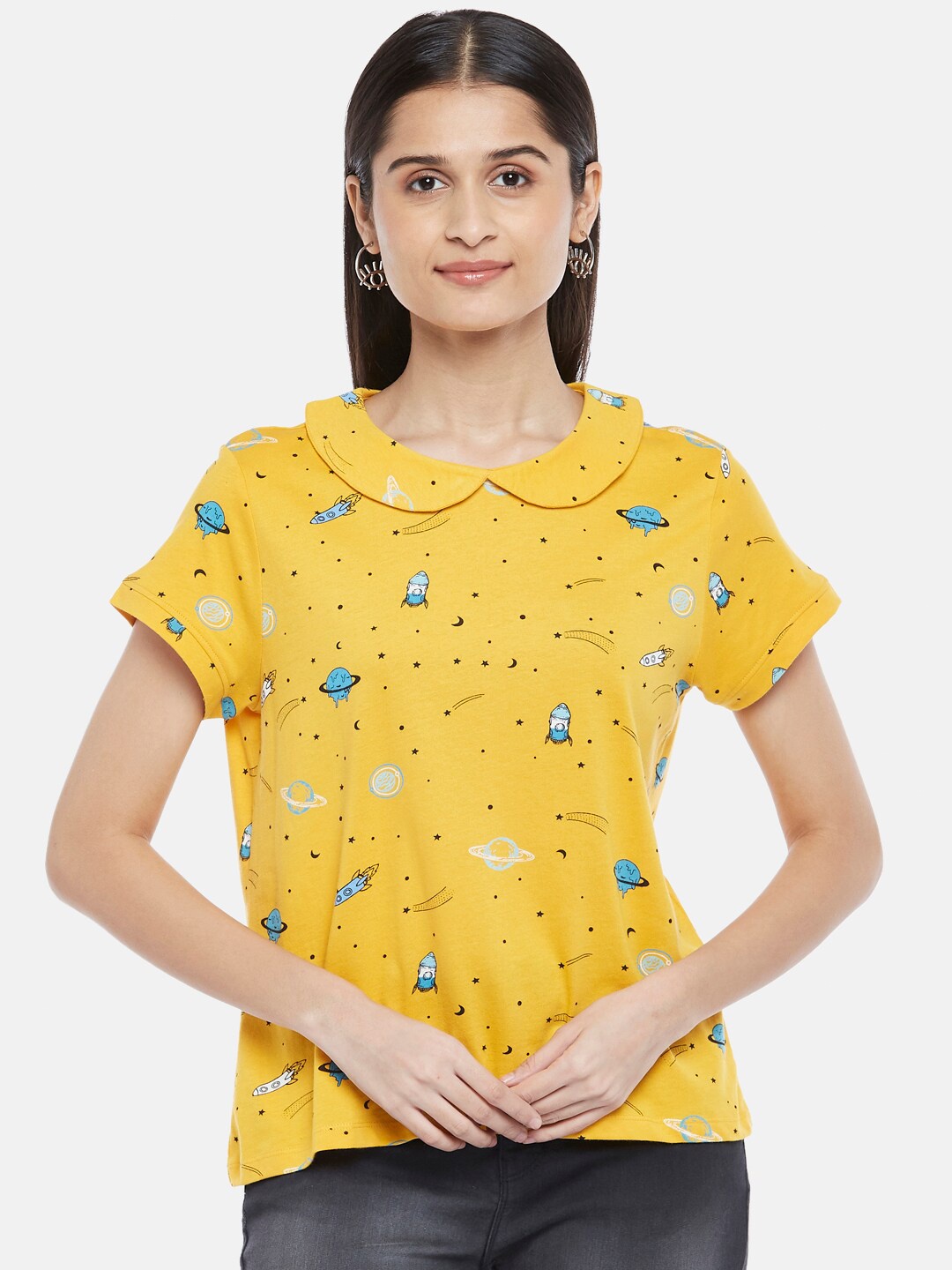 

People Women Yellow Printed Peter Pan Collar Pure Cotton Top