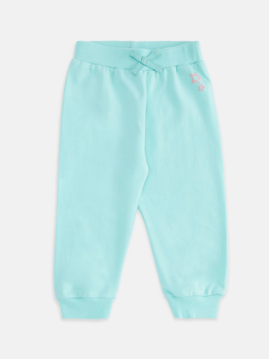 

Pantaloons Baby Infant Girls Blue Solid Knitted Pure Cotton Joggers with Applique Detail