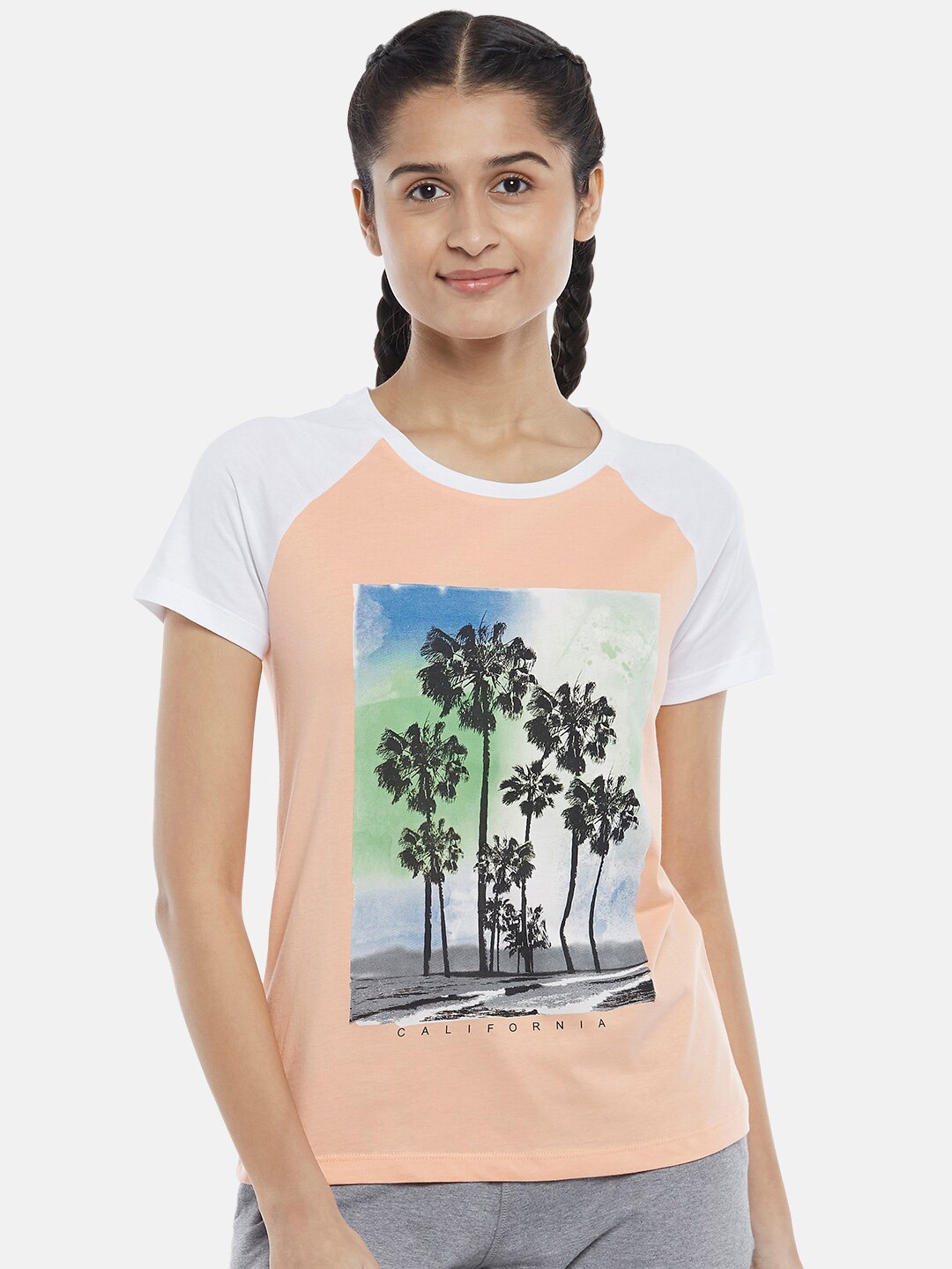 

Ajile by Pantaloons Women Peach-Coloured Printed Cotton T-shirt