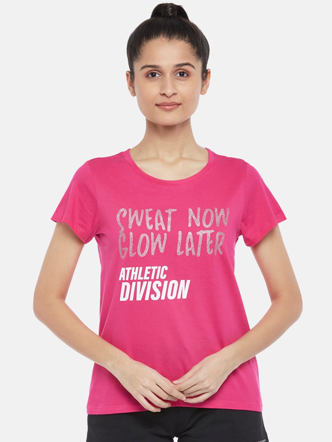 

Ajile by Pantaloons Women Fuchsia Pink & White Typography Printed Pure Cotton T-shirt