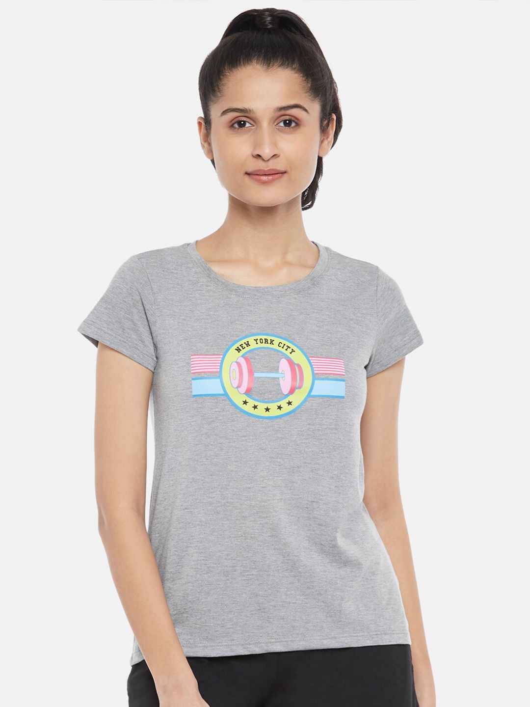

Ajile by Pantaloons Women Grey Melange & Pink Printed Pure Cotton T-shirt