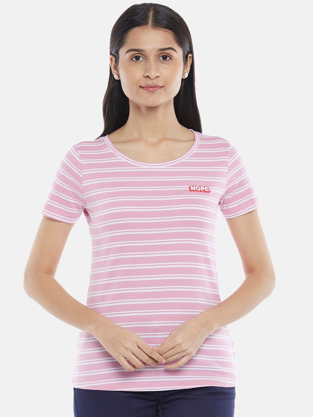 

Honey by Pantaloons Women Pink & White Striped Pure Cotton T-shirt