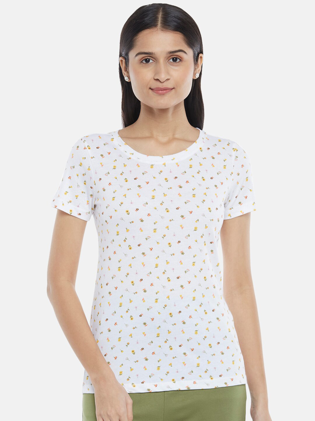 

Honey by Pantaloons Women White Floral Printed Cotton T-shirt