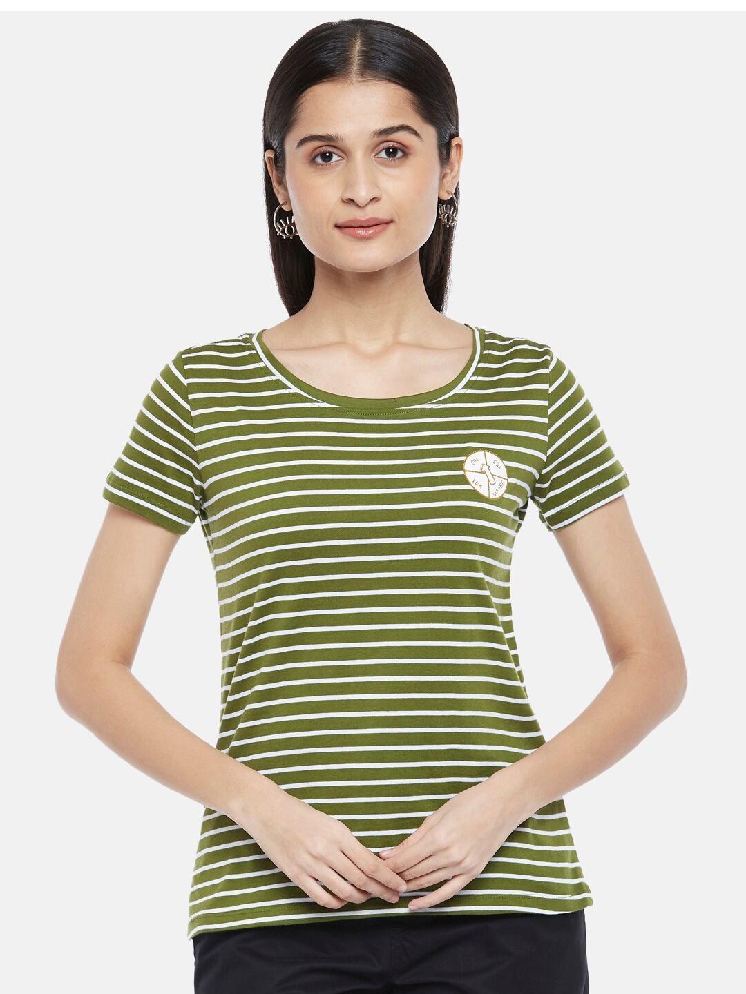 

Honey by Pantaloons Women Olive Green Striped Cotton T-shirt