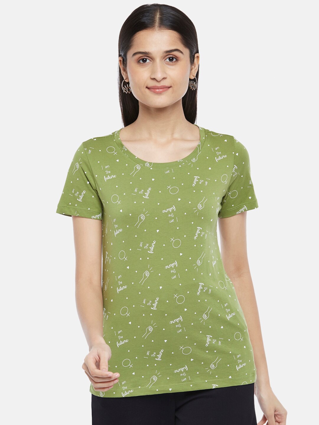 

Honey by Pantaloons Women Olive Green & White Printed Pure Cotton T-shirt