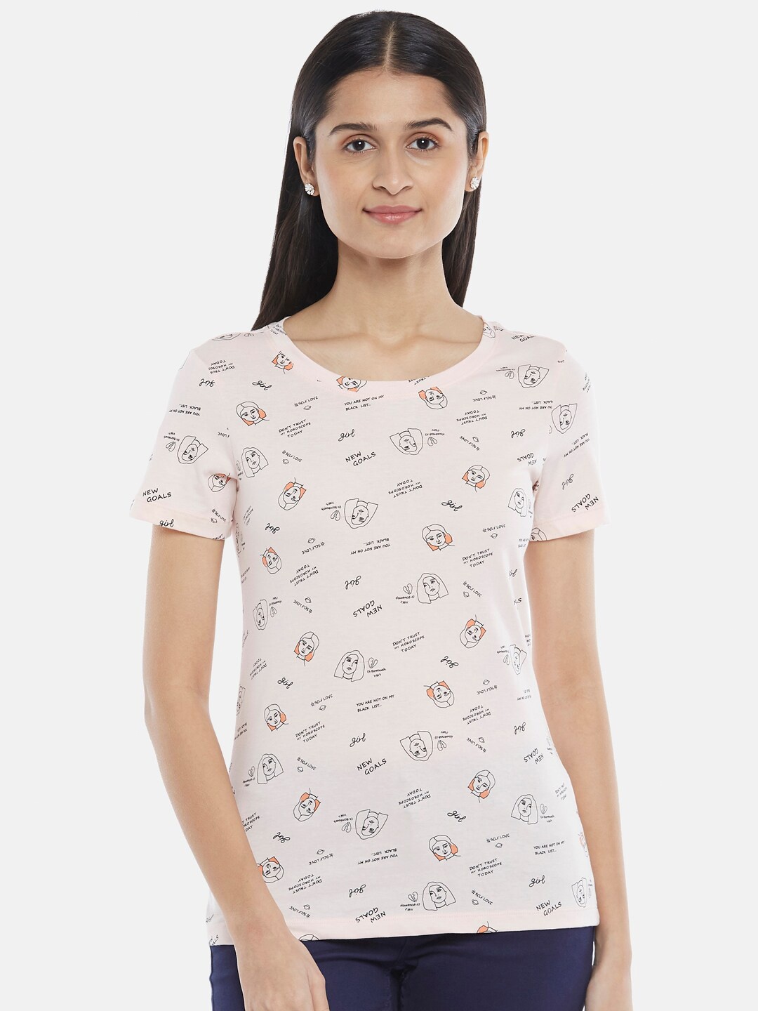 

Honey by Pantaloons Women Pink & Black Printed Pure Cotton T-shirt