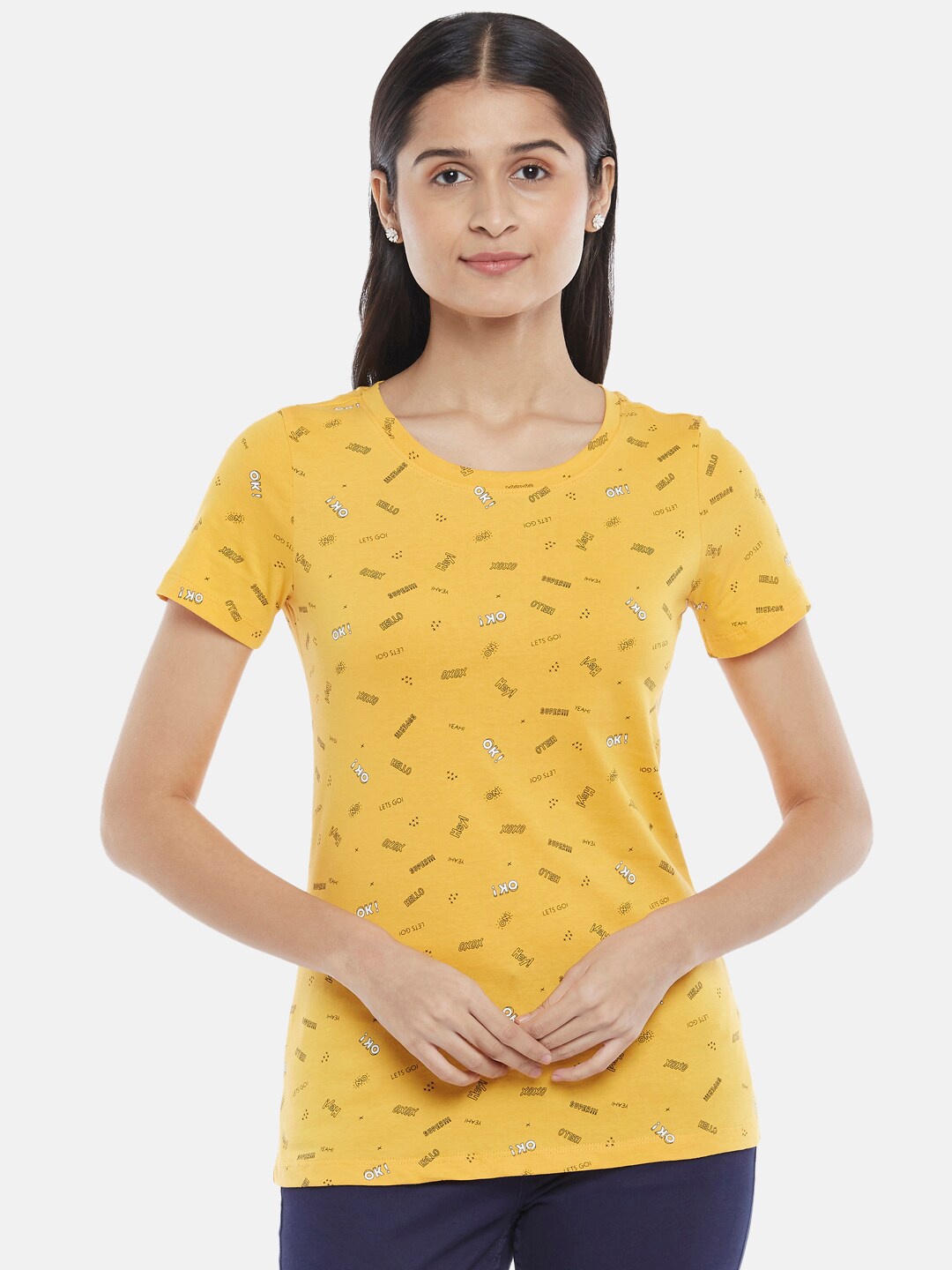 

Honey by Pantaloons Women Mustard Yellow Printed Cotton T-shirt