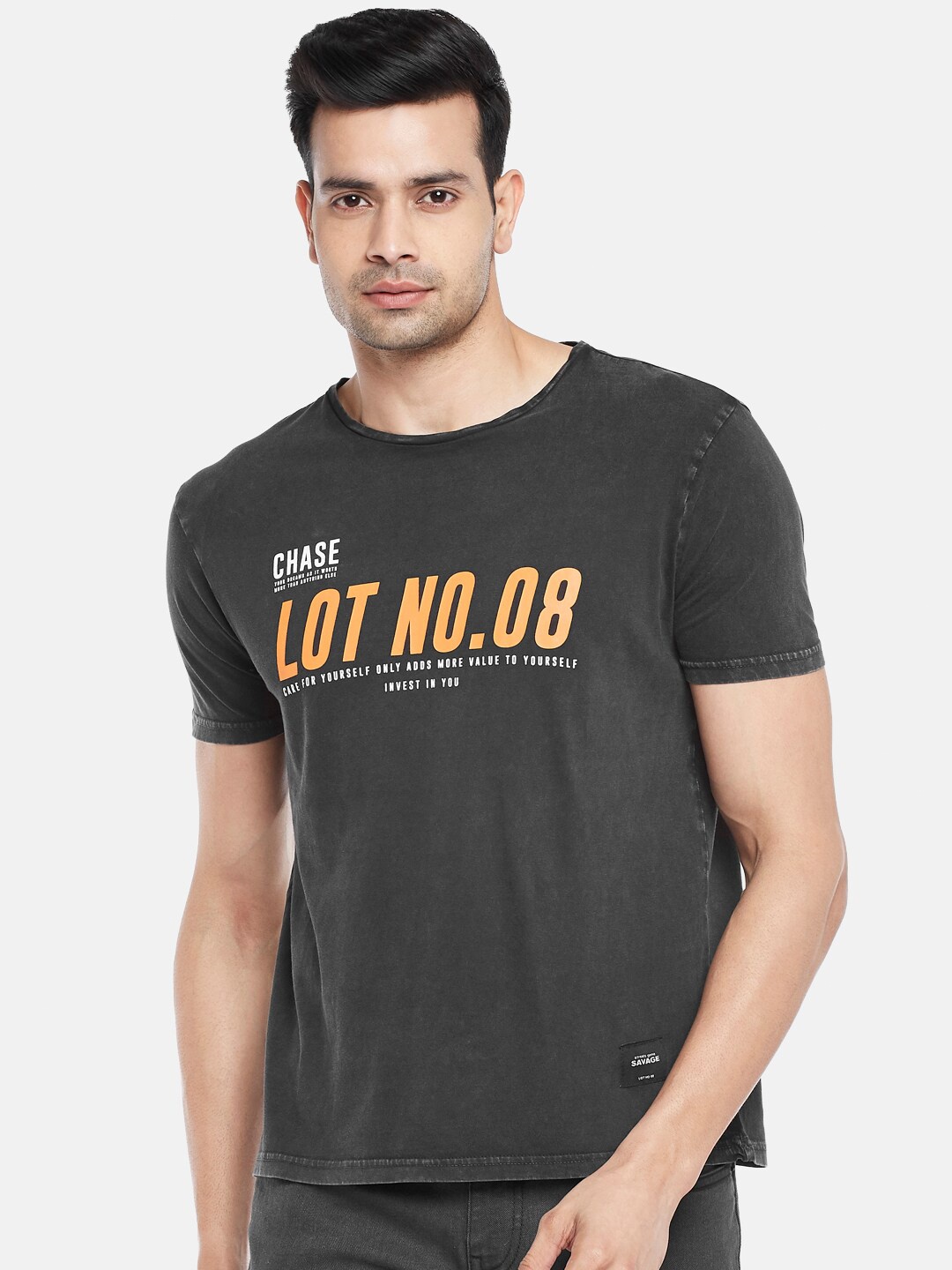 

People Men Charcoal & Yellow Typography Printed Pure Cotton T-shirt