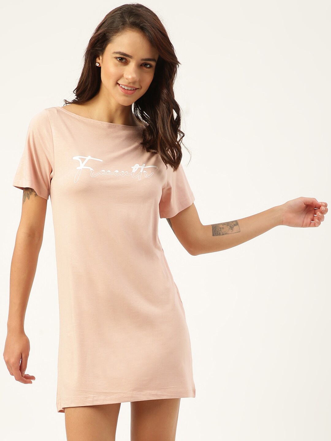 

FREECULTR Peach-Coloured Printed T-Shirt Nightdress