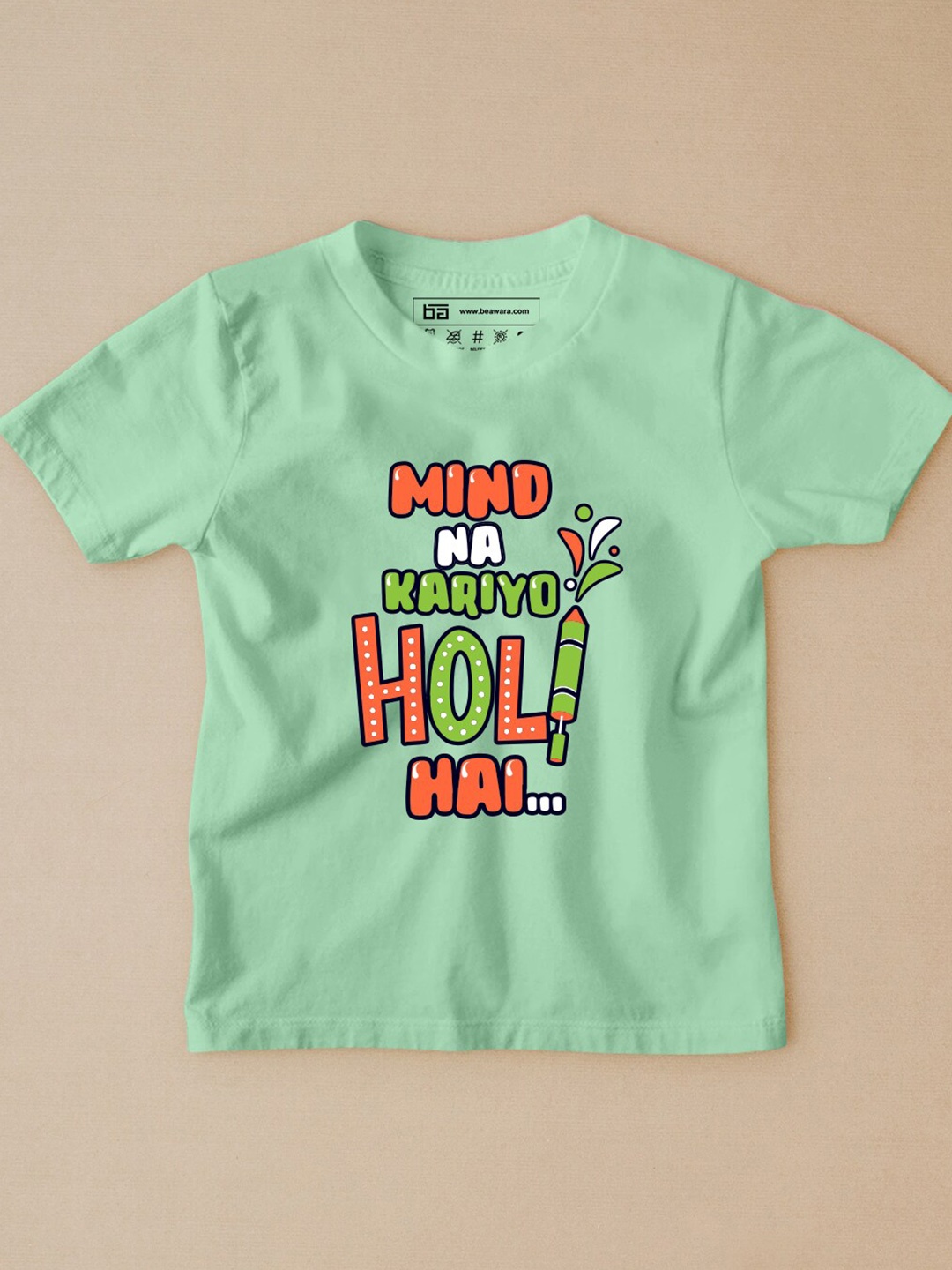 BE AWARA Kids Mint Green & Orange Typography Printed Cotton Holi T-shirt