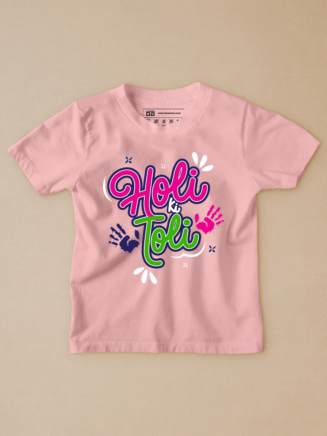 BE AWARA Kids Pink & Green Typography Printed Holi T-shirt