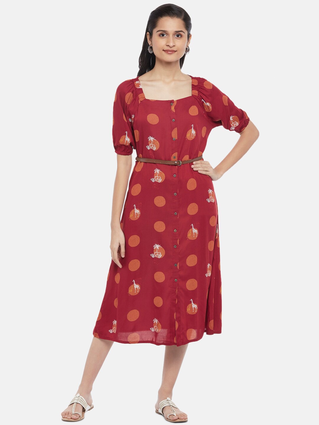 

AKKRITI BY PANTALOONS Red Ethnic Motifs A-Line Midi Dress