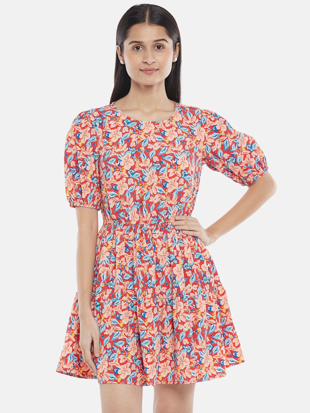 

People Red & Peach-Coloured Floral Printed Dress