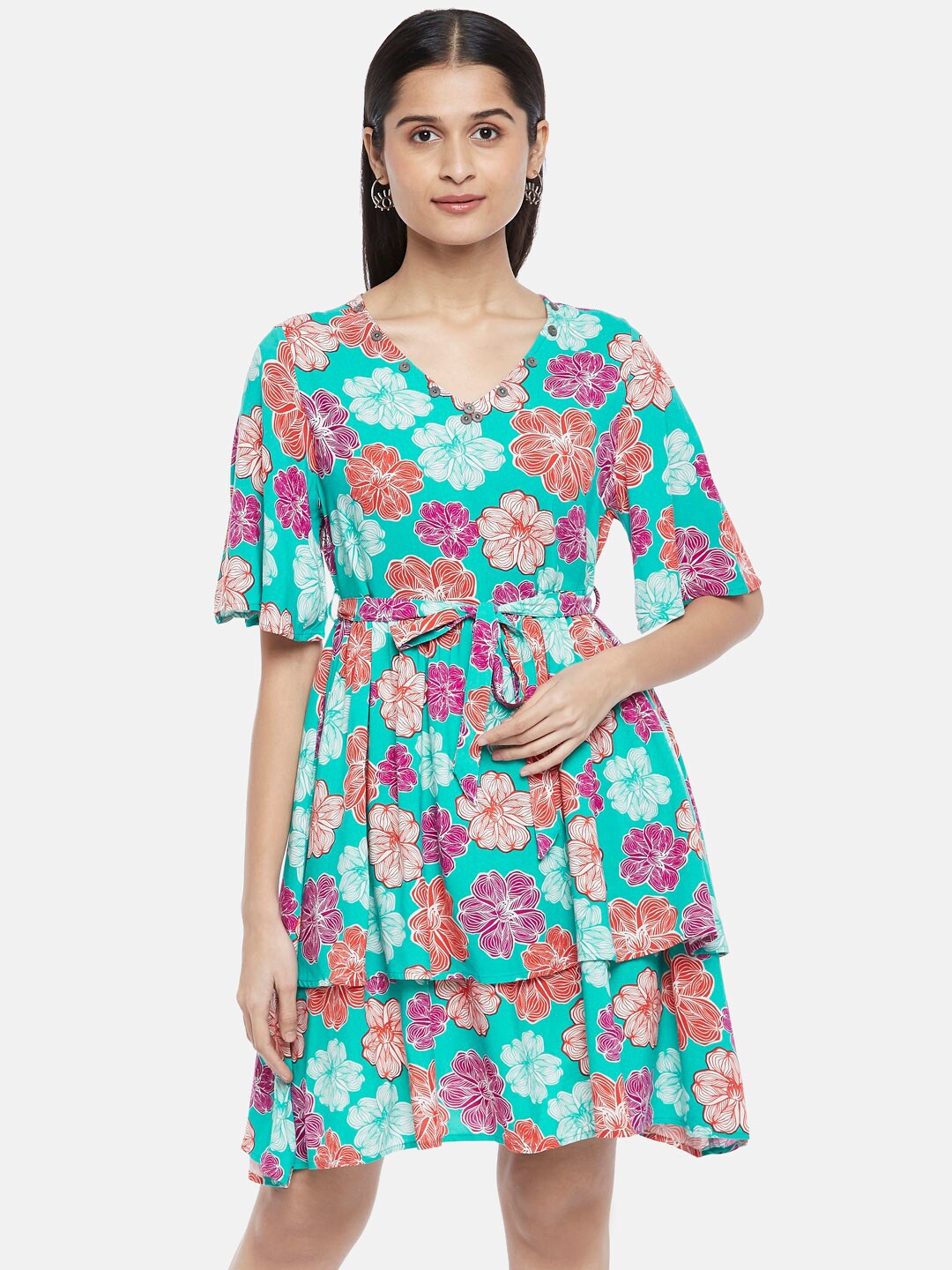 

People Blue & Pink Floral Tiered Dress