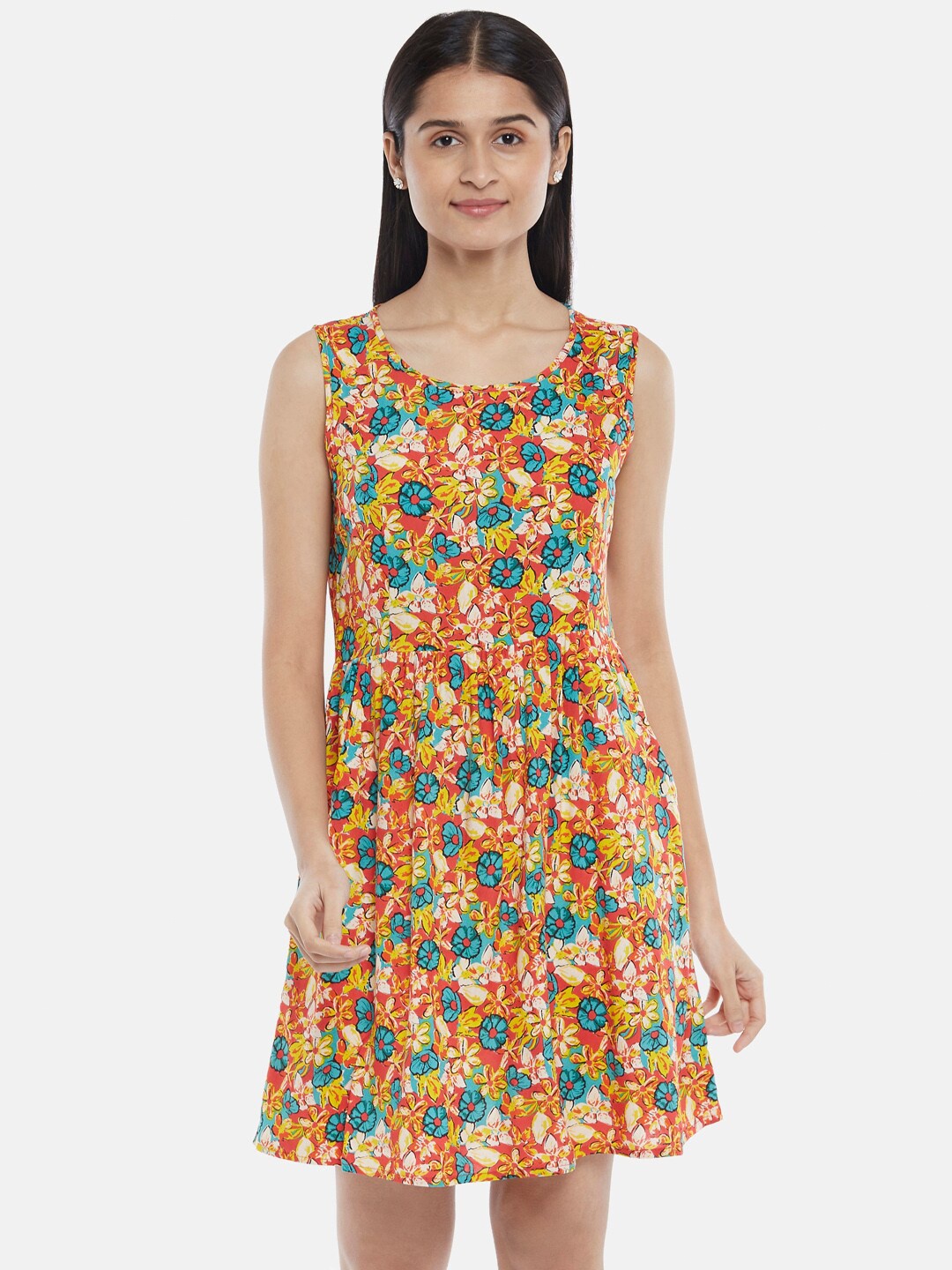 

People Orange & Yellow Floral Printed A-Line Dress