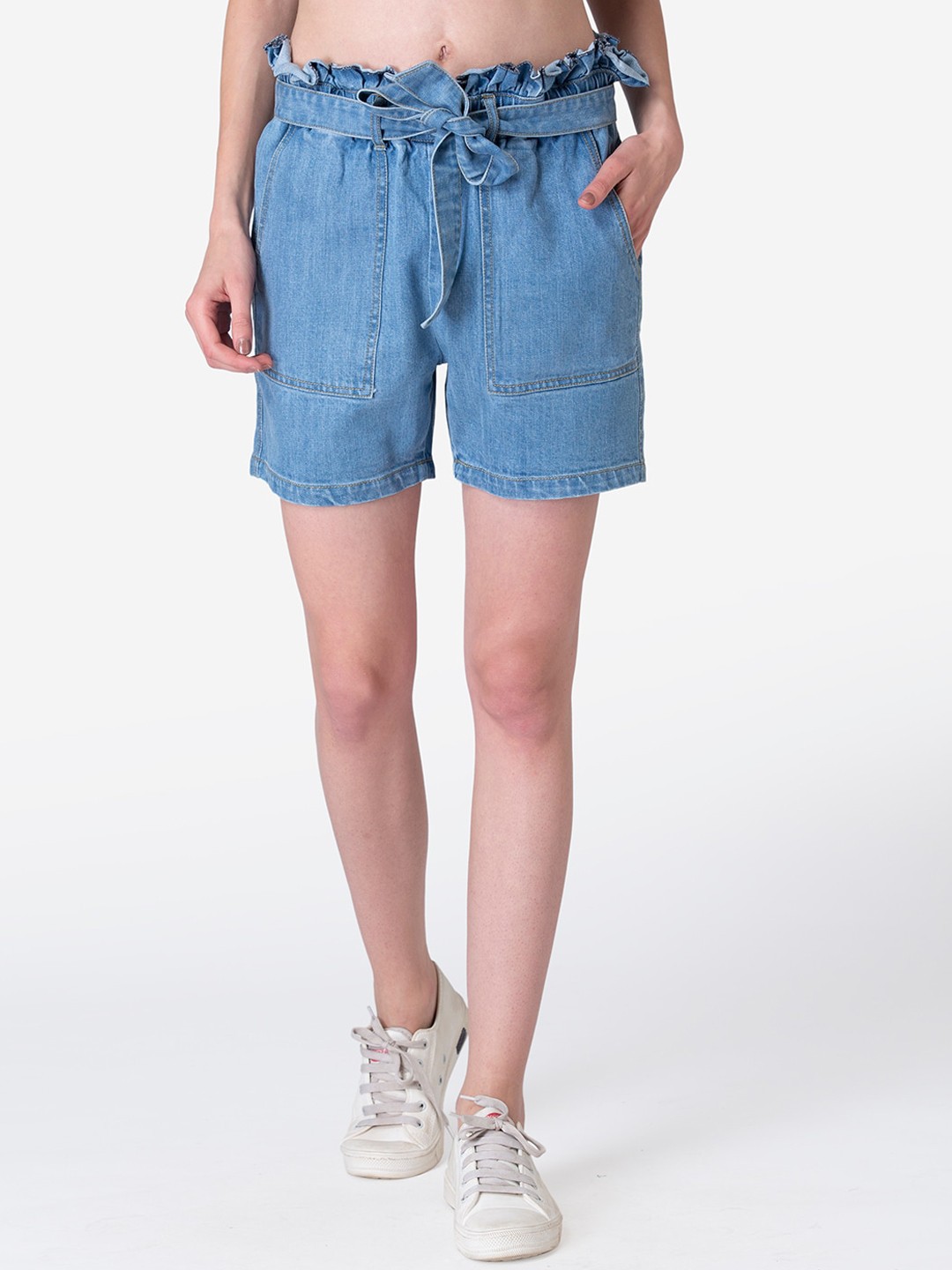 

Modriba Women Blue Washed Denim Shorts With Belt