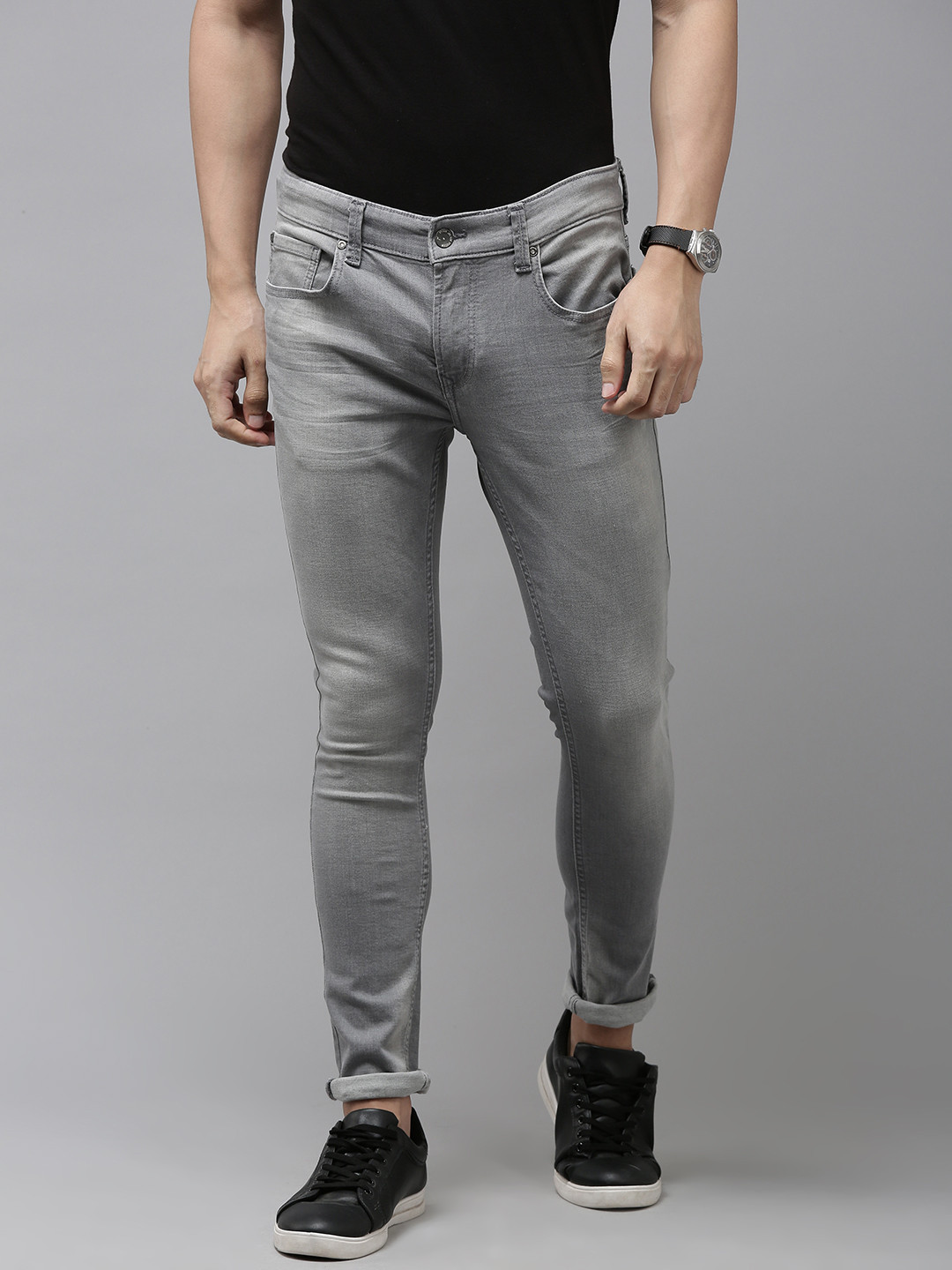 

SPYKAR Men Grey Super Skinny Fit Low-Rise Tapered Leg Light Fade Stretchable Jeans