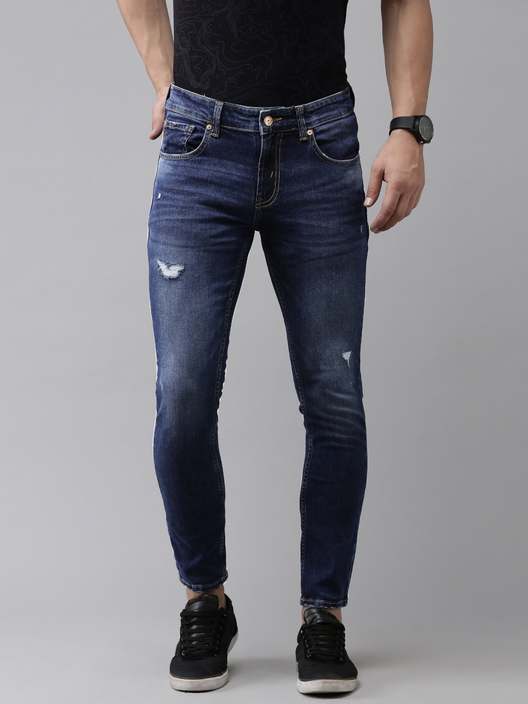 

SPYKAR Men Kano Tapered Fit Mildly Distressed Light Fade Stretchable Mid Rise Jeans, Blue