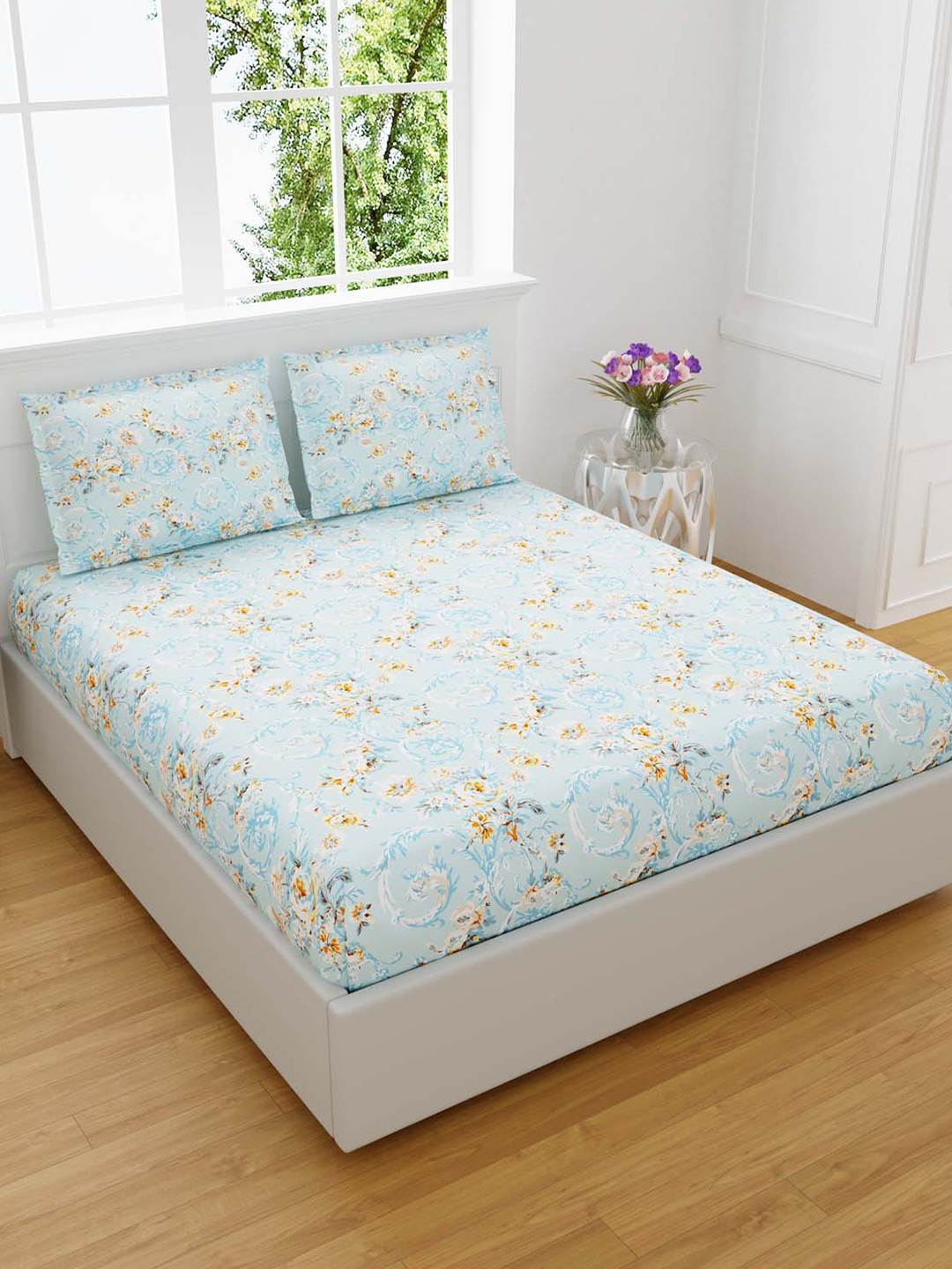 

JAIPUR FABRIC Blue Floral Printed 300 TC King Size Bedsheet With 2 Pillow Covers