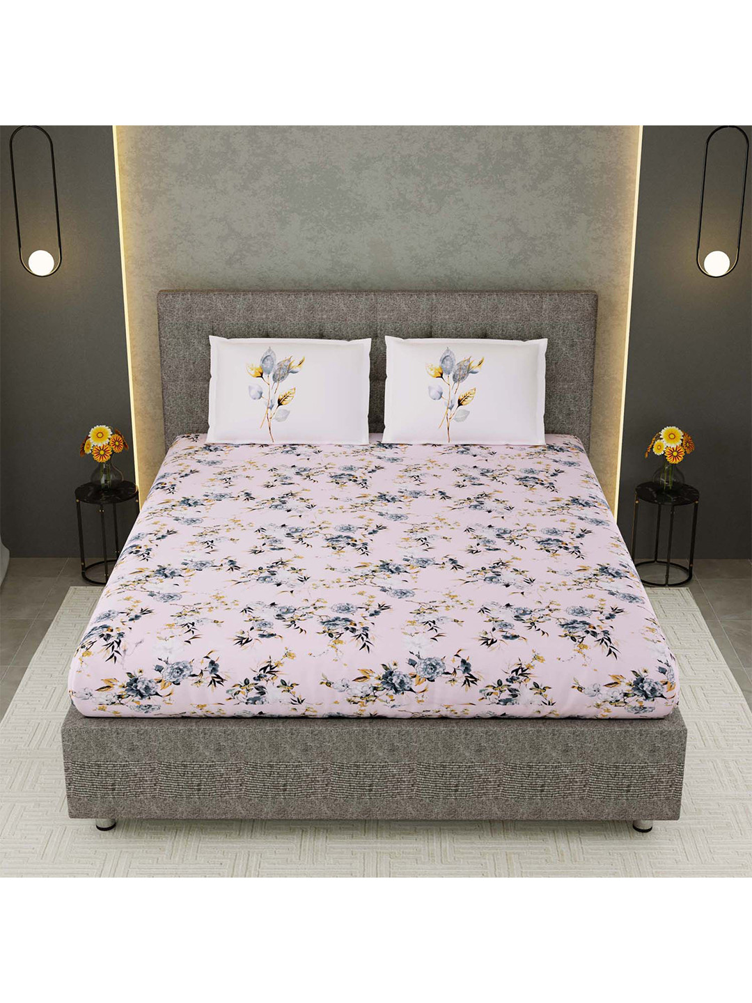 

JAIPUR FABRIC Grey & Camel Brown Floral 300 TC King Bedsheet with 2 Pillow Covers