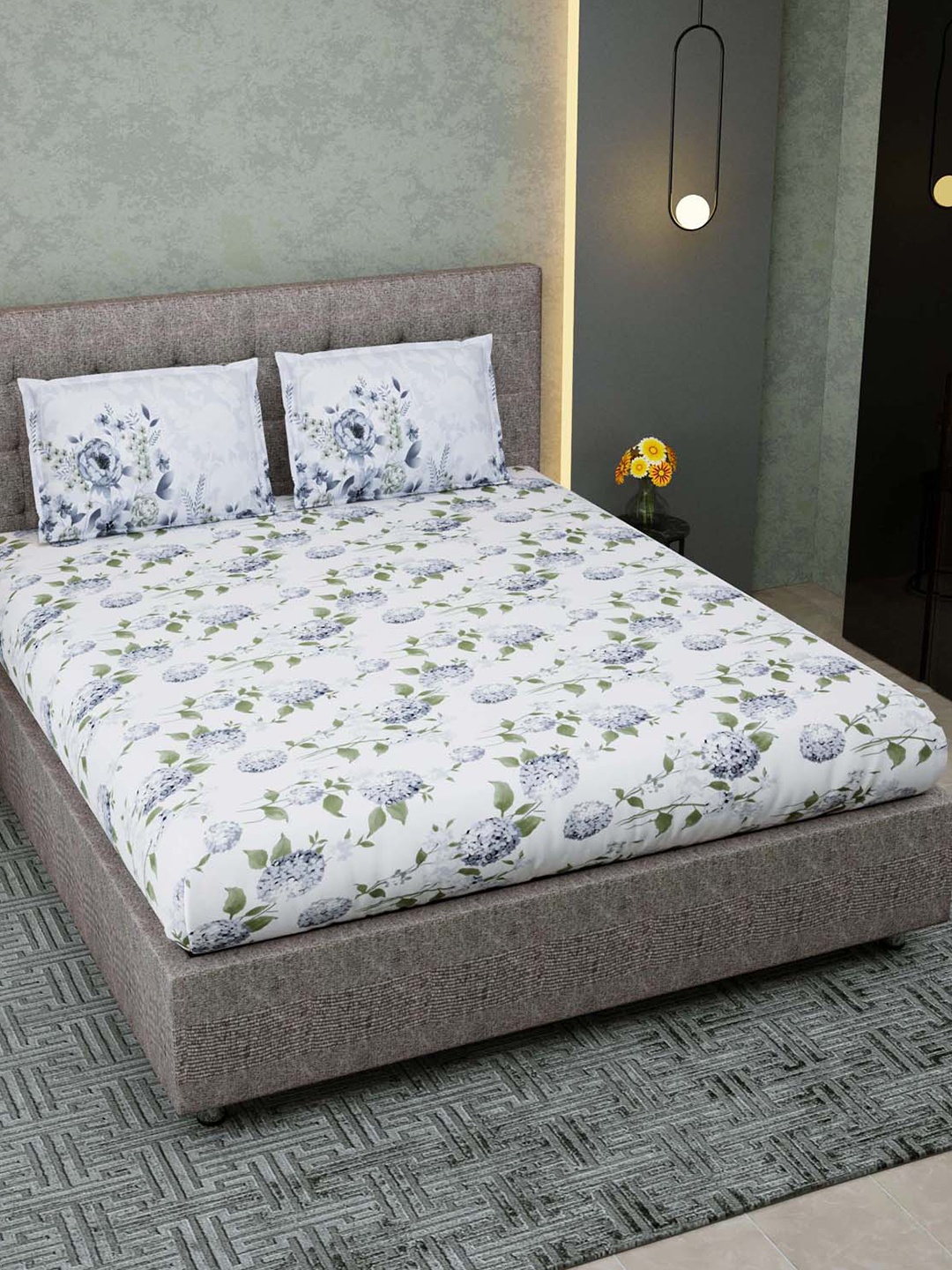 

JAIPUR FABRIC Blue & White Floral Printed 300 TC King Bedsheet with 2 Pillow Covers