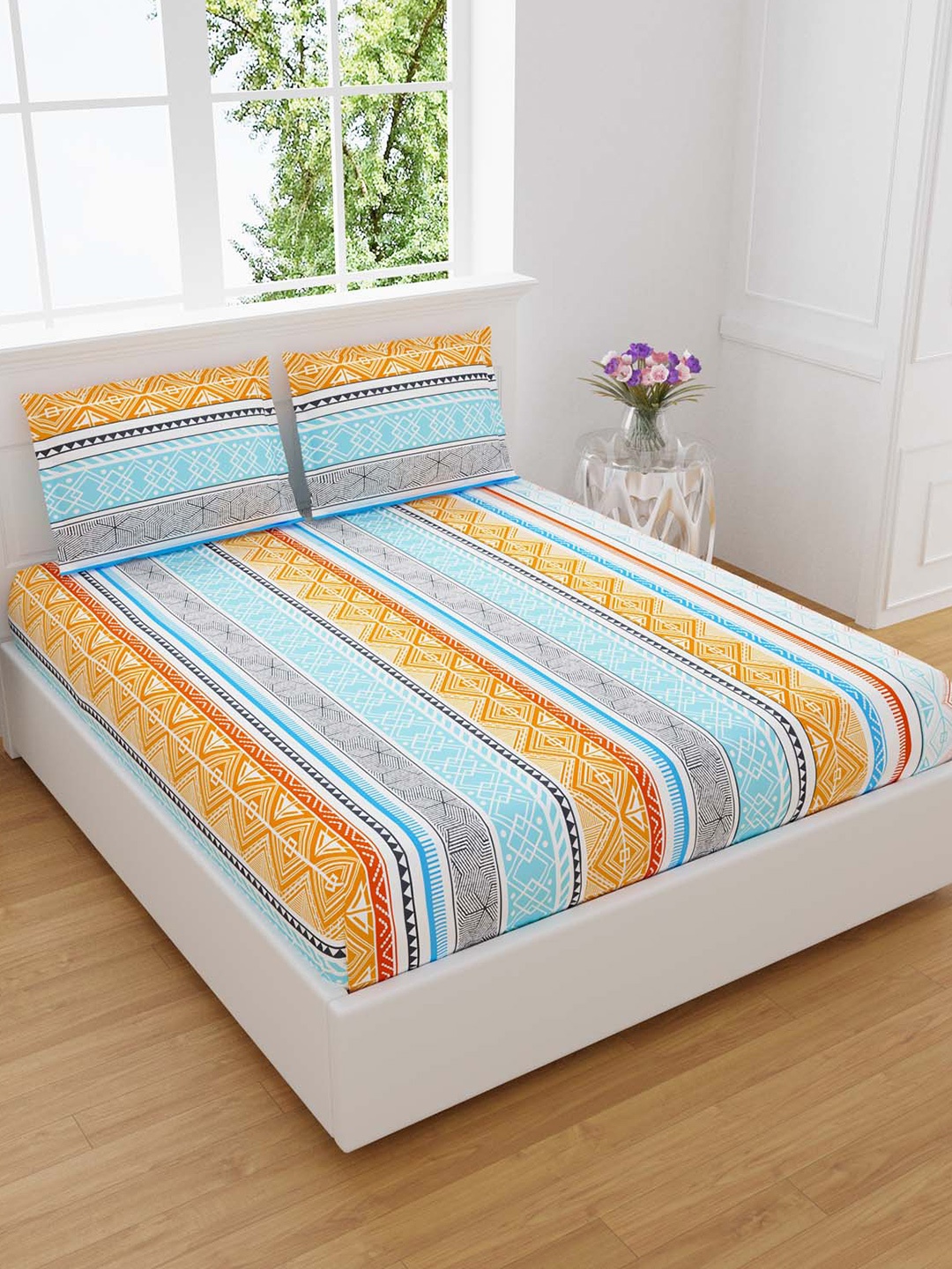 

JAIPUR FABRIC Blue & Orange Striped 300 TC King Size Bedsheet With 2 Pillow Covers