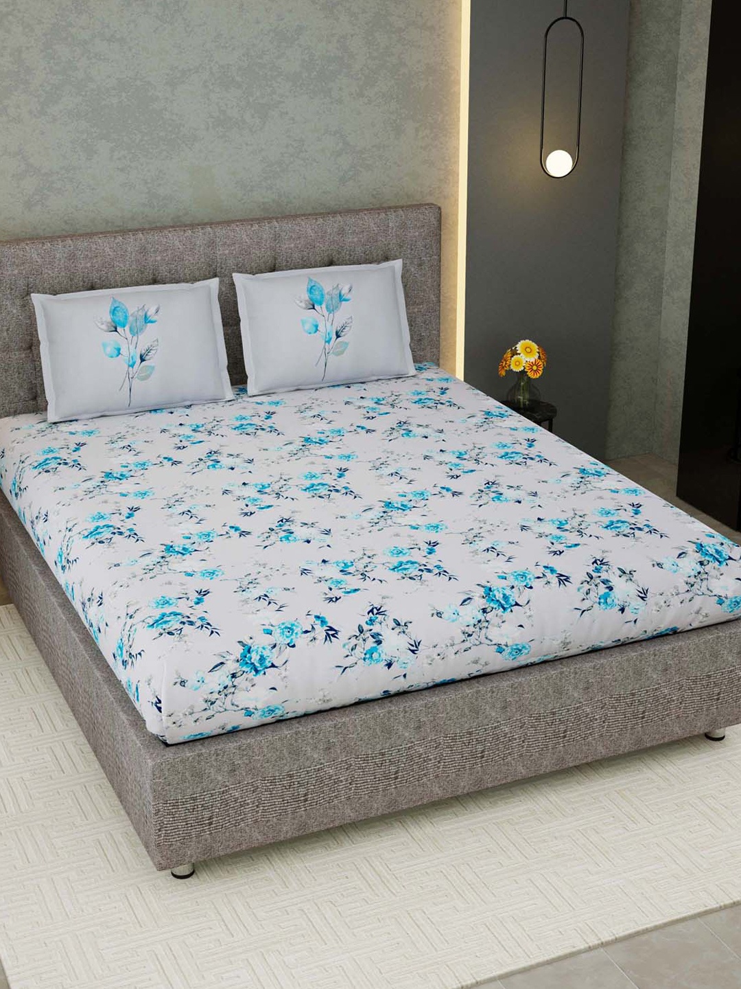 

JAIPUR FABRIC Blue & Grey Floral 300 TC King Bedsheet with 2 Pillow Covers