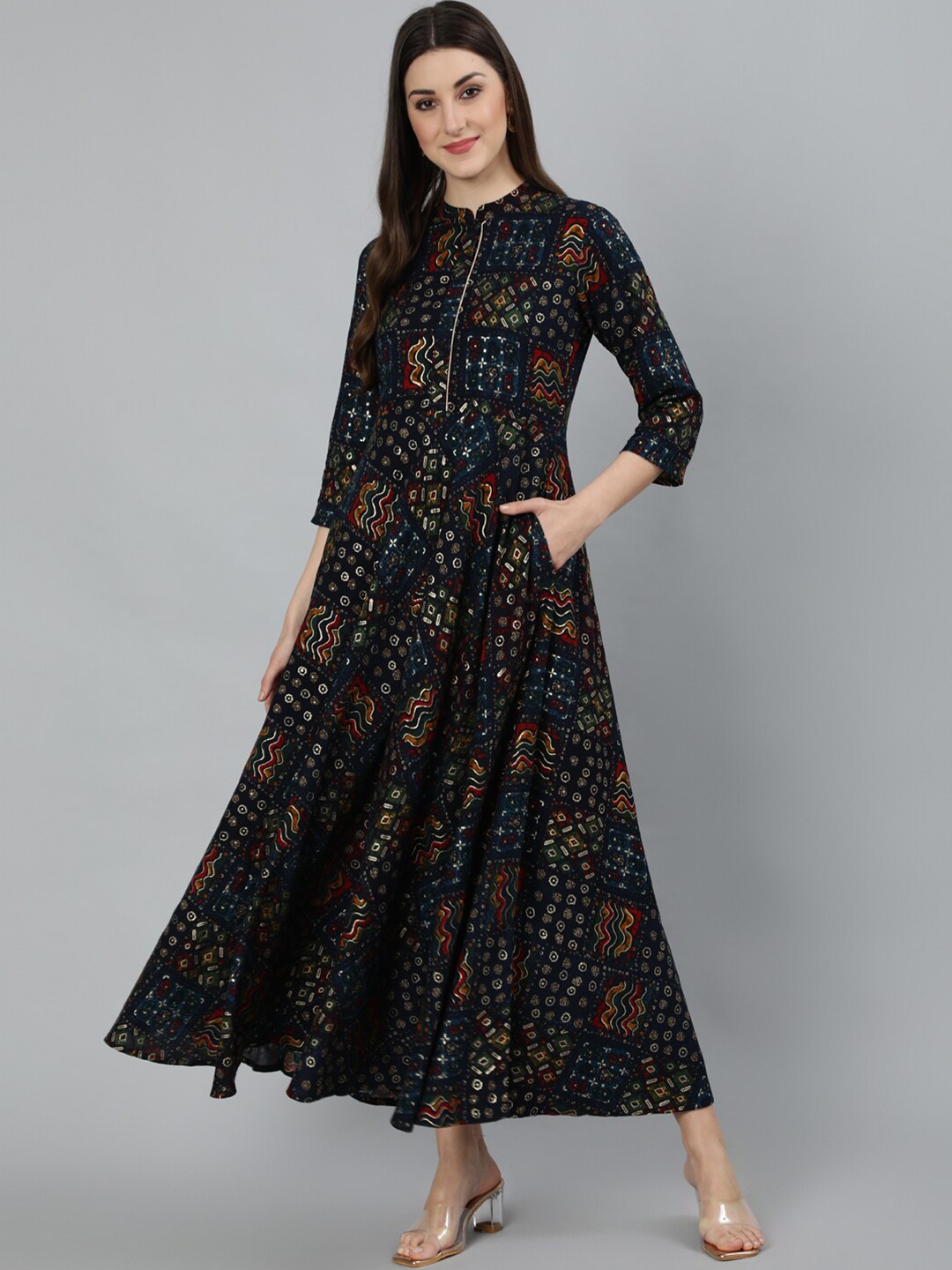 

Nayo Navy Blue Ethnic Motifs Printed Maxi Dress