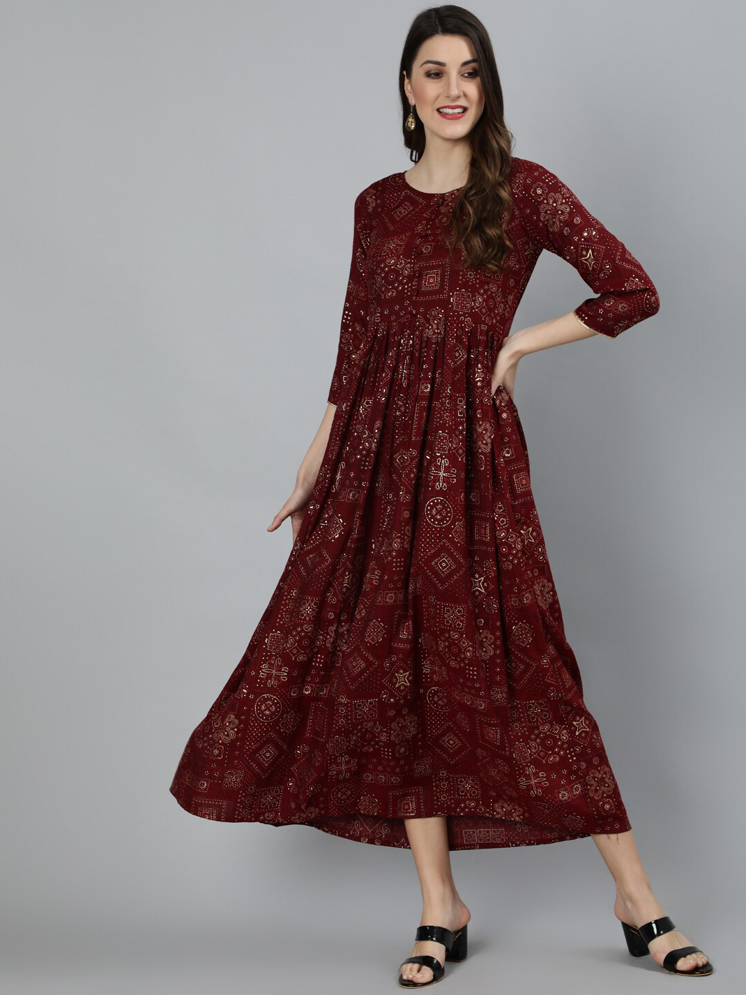 

Nayo Women Maroon Ethnic Motifs Printed Ethnic Maxi Dress