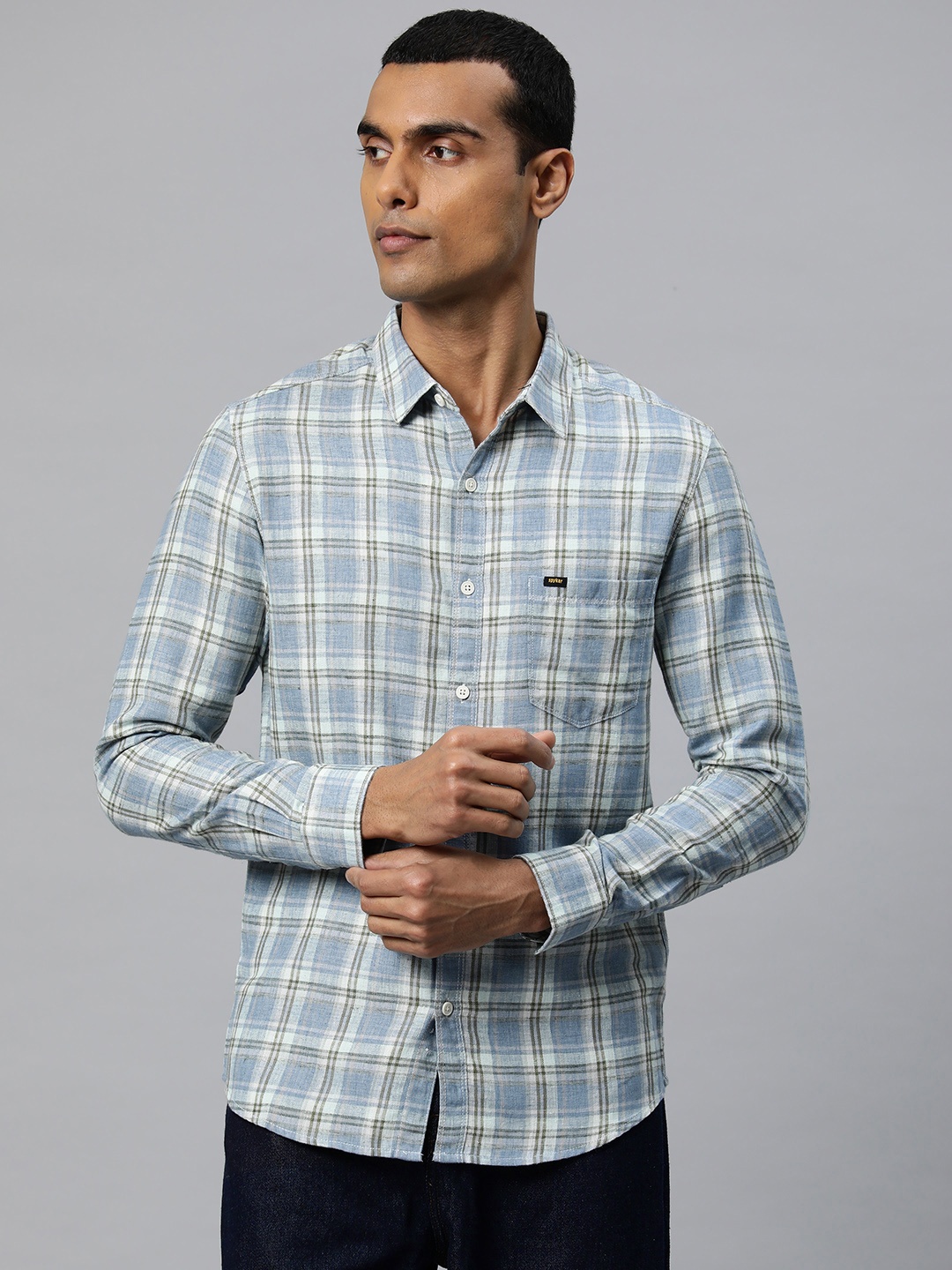 

SPYKAR Men Slim Fit Checked Casual Shirt, Blue