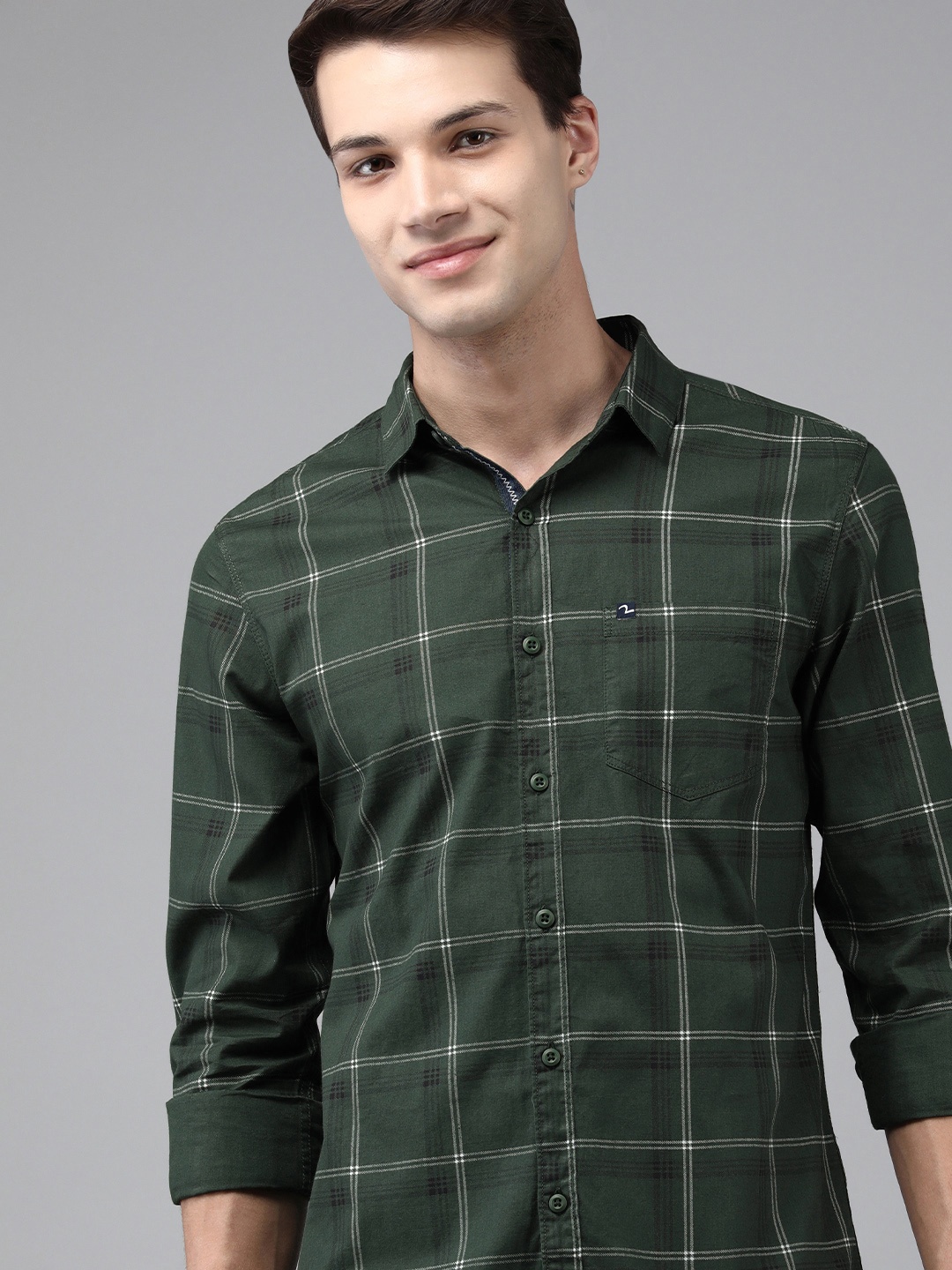 

SPYKAR Men Olive Green Slim Fit Windowpane Checks Checked Casual Pure Cotton Shirt