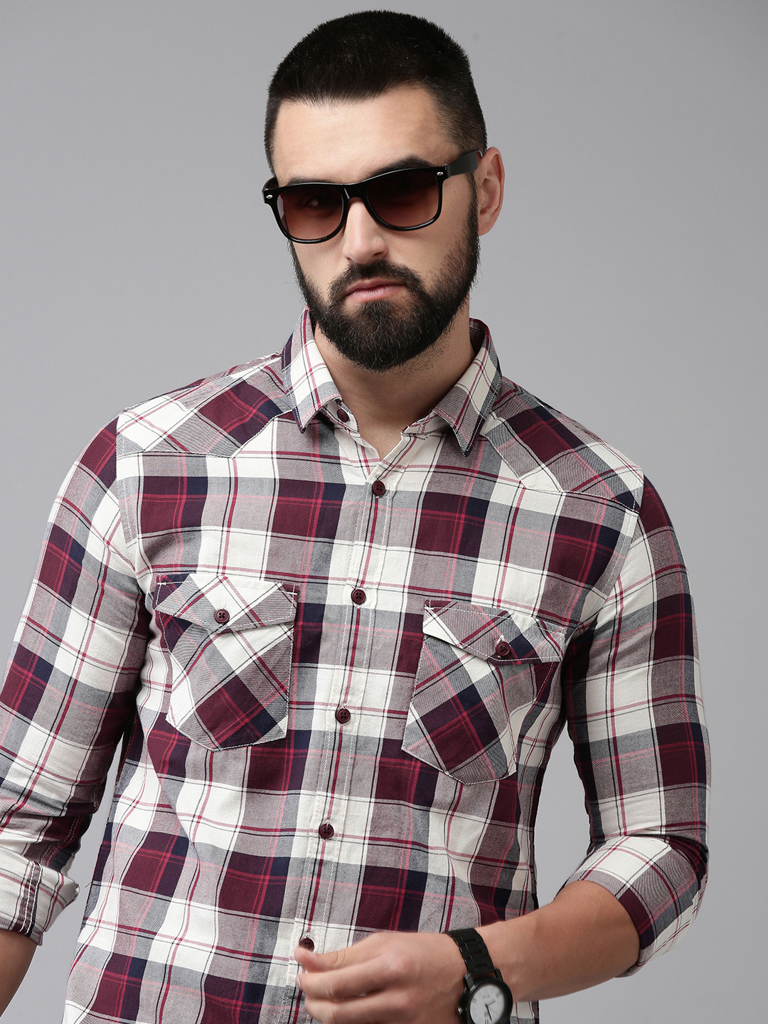 

SPYKAR Slim Fit Checked Pure Cotton Casual Shirt, Maroon