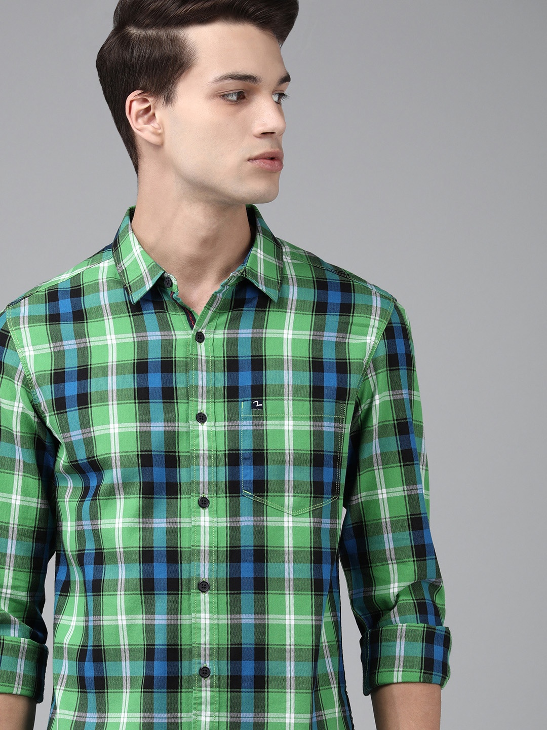 

SPYKAR Men Green & Blue Tartan Checks Slim Fit Casual Shirt
