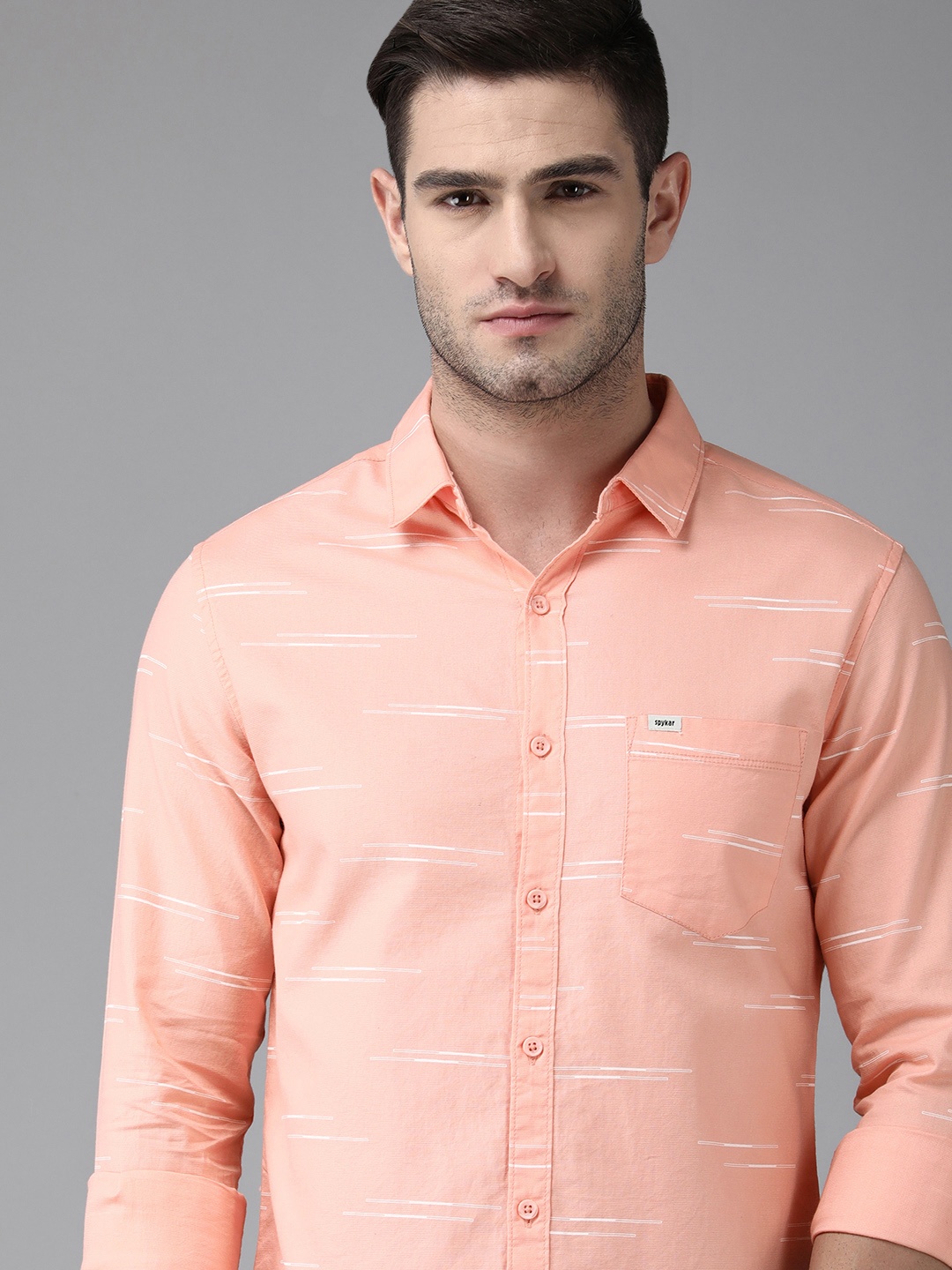

SPYKAR Men Peach-Coloured & White Slim Fit Horizontal Striped Casual Pure Cotton Shirt