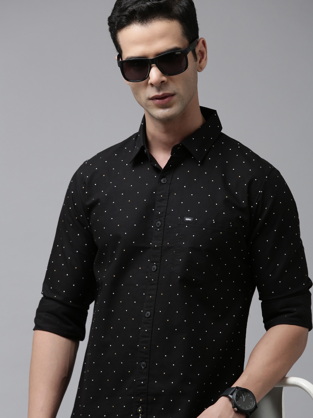 

SPYKAR Slim Fit Printed Pure Cotton Casual Shirt, Black