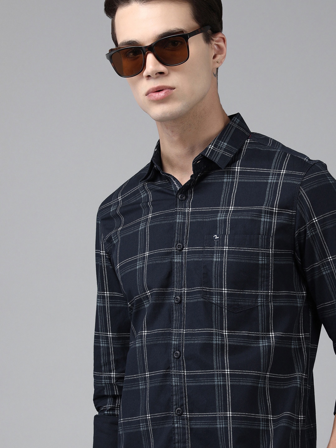 

SPYKAR Men Navy Blue Tartan Checked Slim Fit Casual Shirt