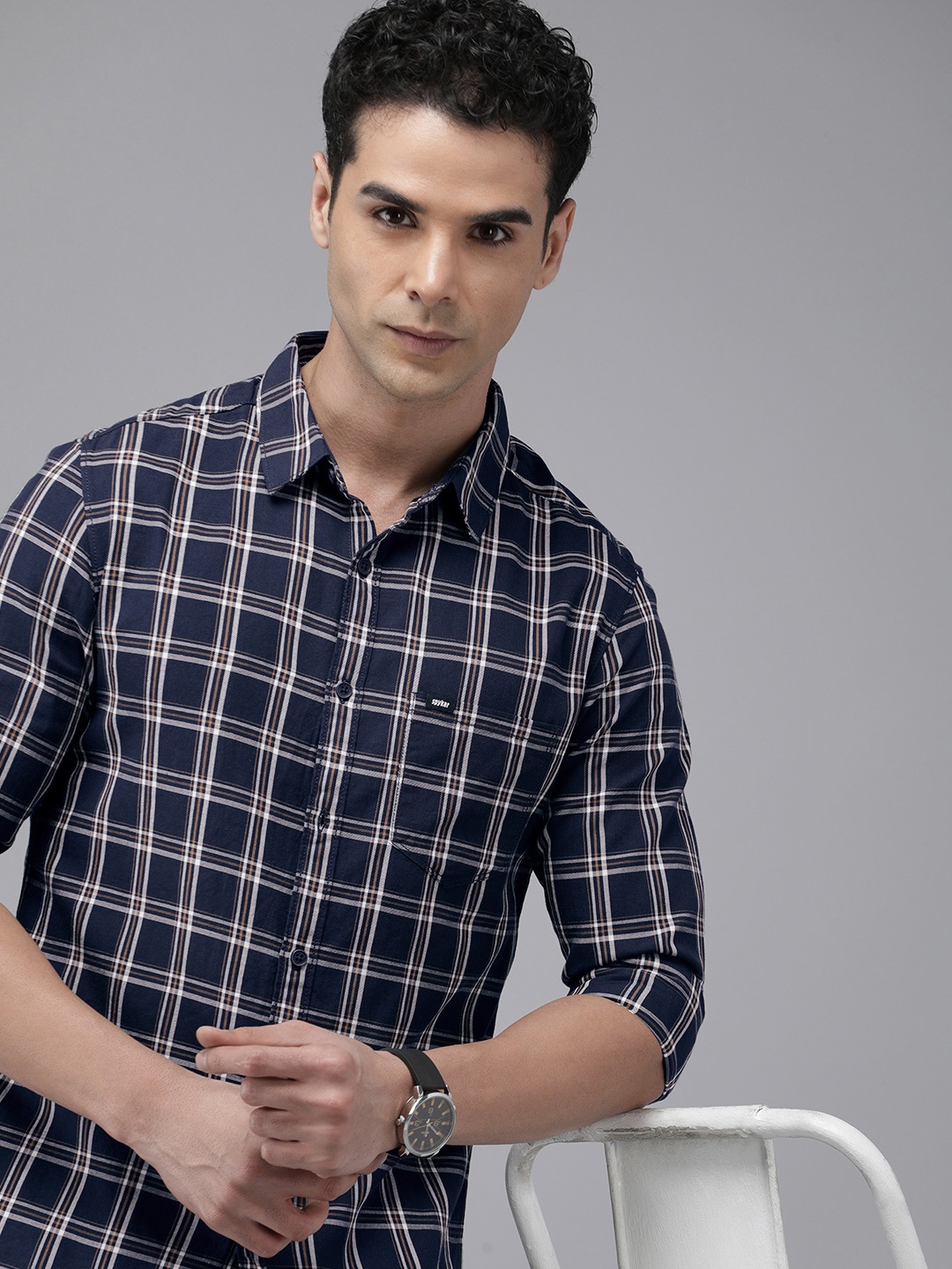 

SPYKAR Men Navy Slim Fit Tartan Checked Pure Cotton Casual Shirt, Navy blue