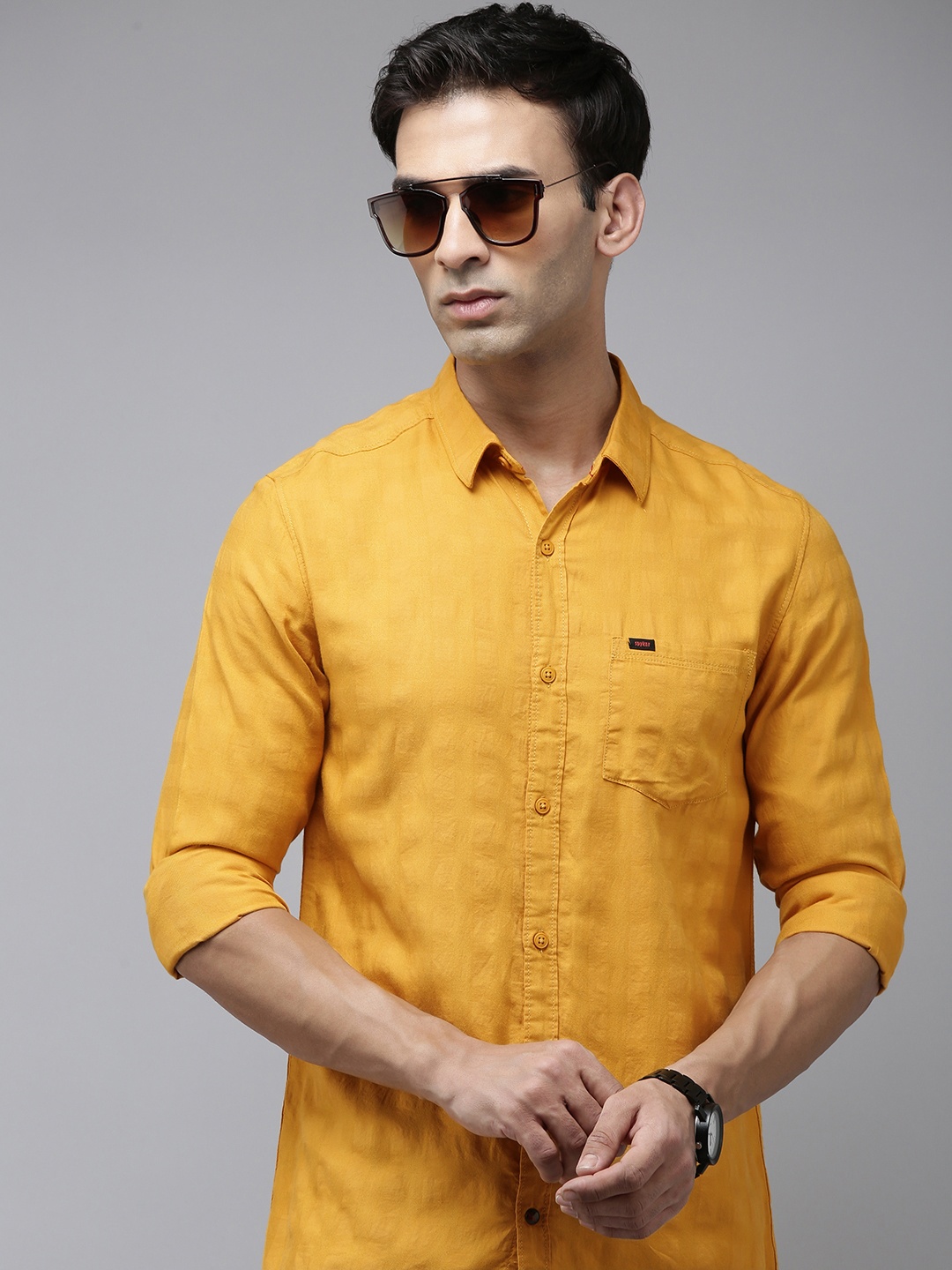 

SPYKAR Men Regualr Fit Checked Spread Collar Casual Shirt, Mustard