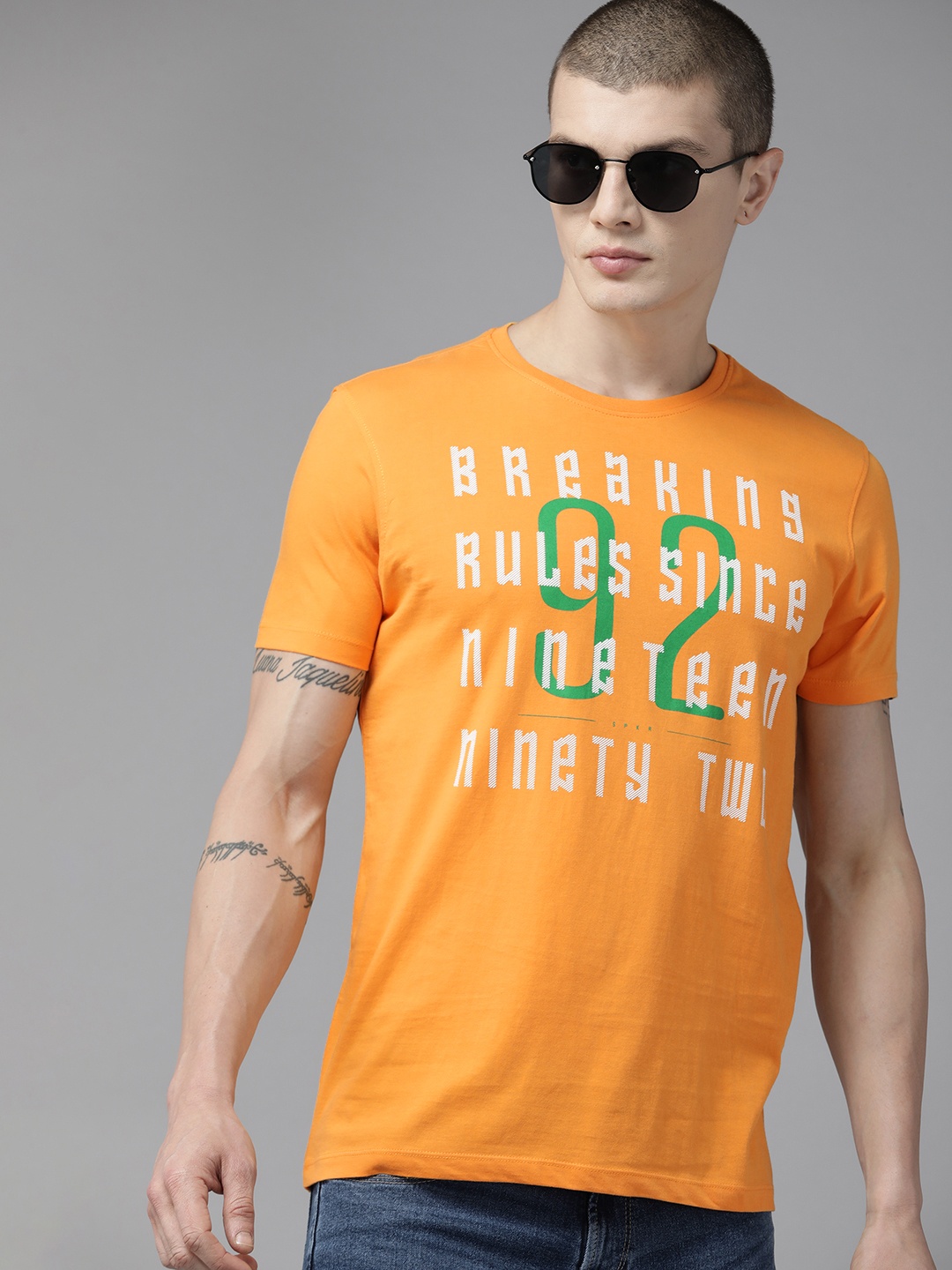 

SPYKAR Typography Printed Slim Fit Pure Cotton T-shirt, Yellow